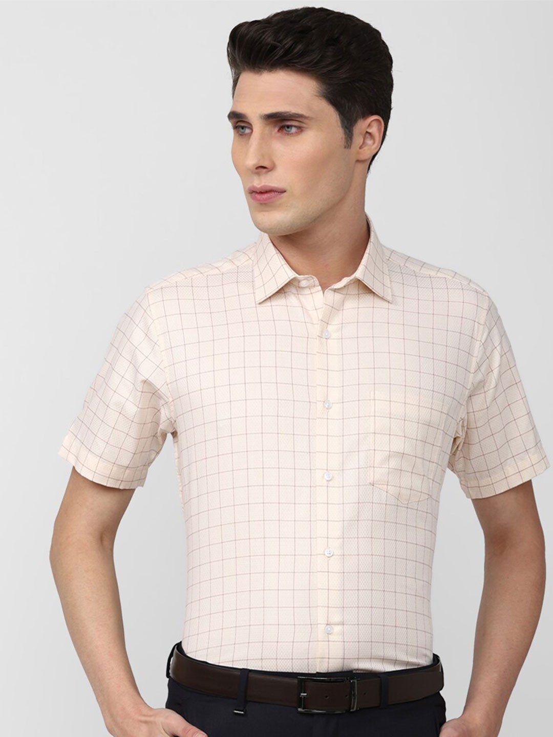 

Van Heusen Men Grid Tattersall Checks Cotton Formal Shirt, Cream