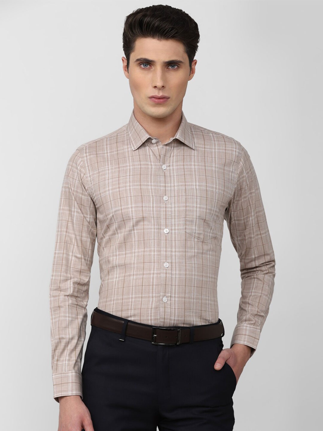 

Van Heusen Men Slim Fit Tartan Checks Cotton Formal Shirt, Beige