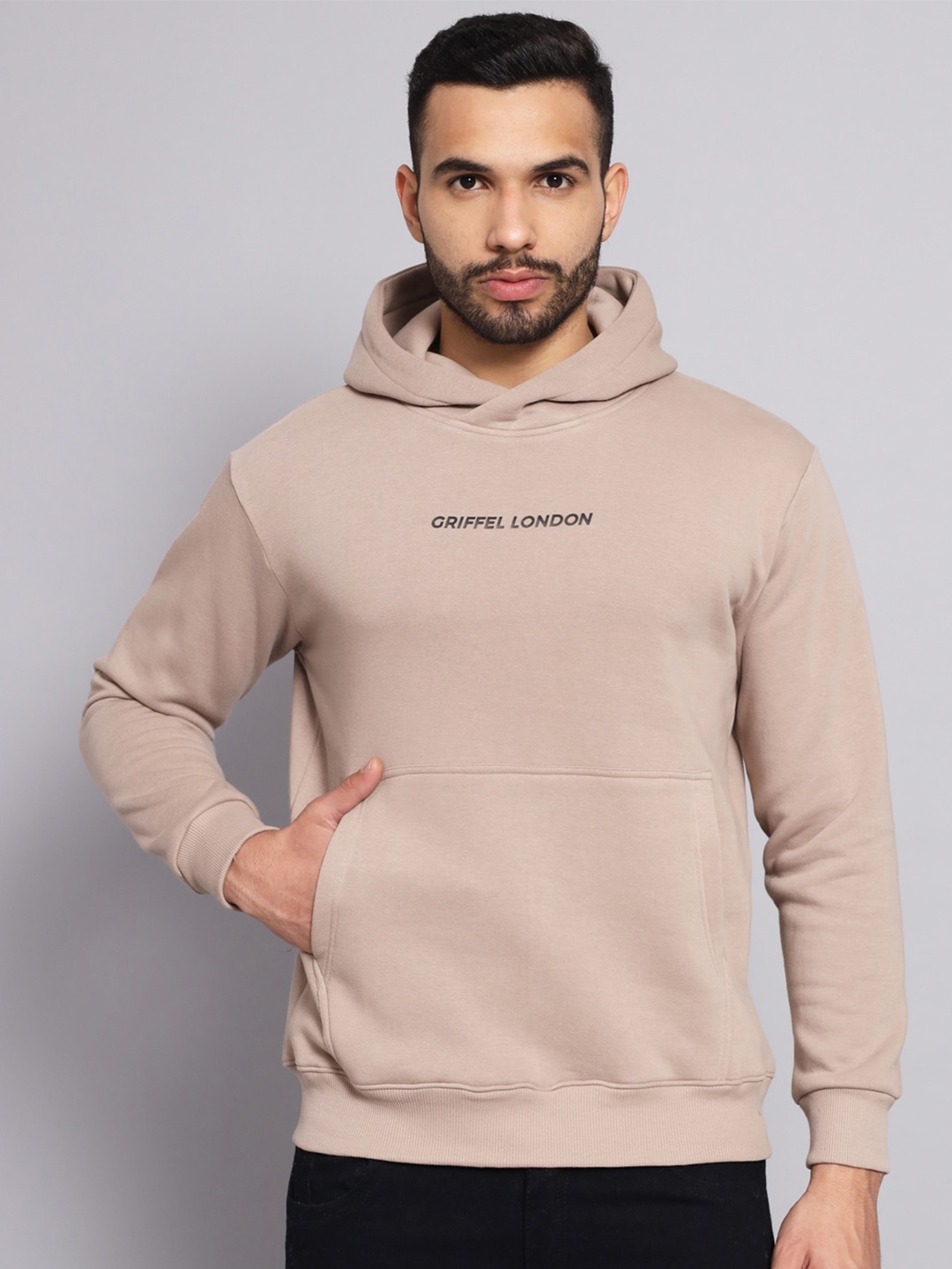 

GRIFFEL Men Beige Printed Hooded Sweatshirt