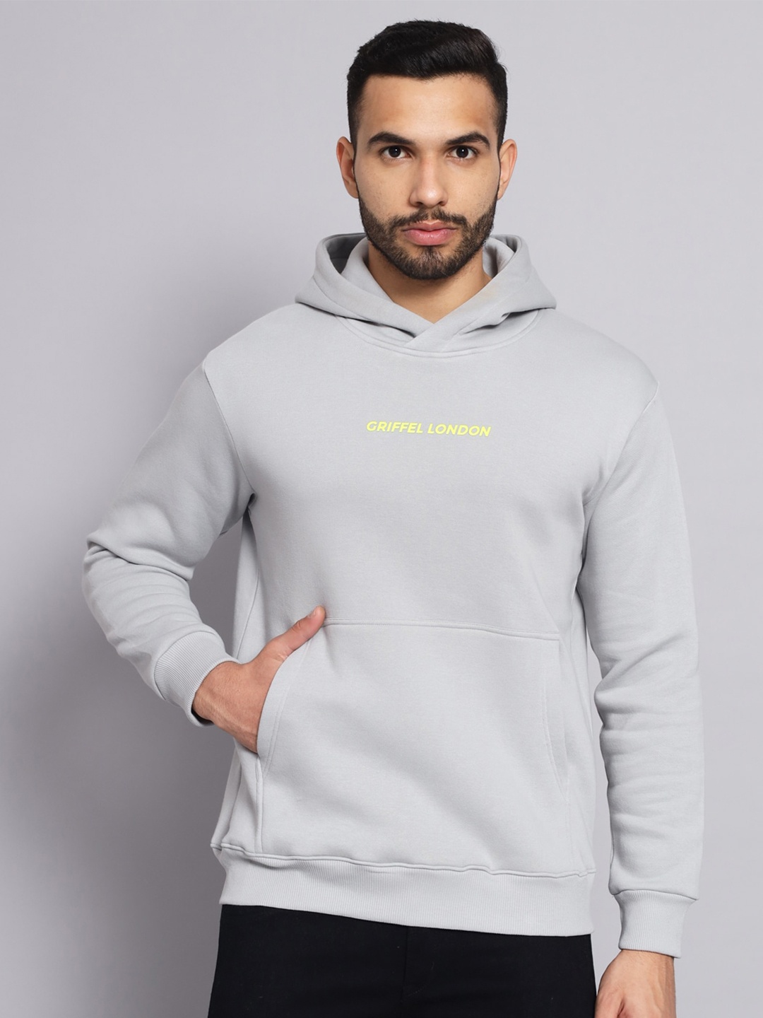 

GRIFFEL Men Steel Grey Printed Hooded Sweatshirt