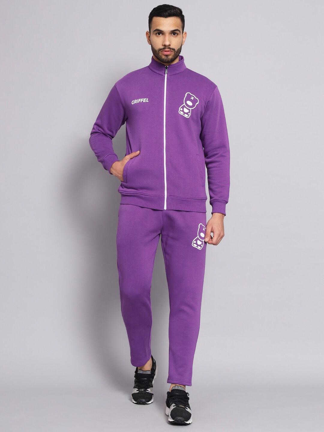 

GRIFFEL Men Purple Printed Cotton Sports Tracksuit