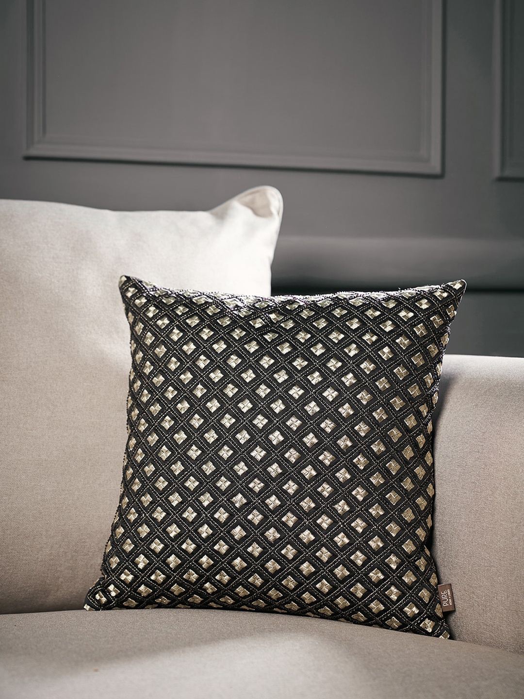 

Pure Home and Living Black & Gold-Toned Embroidered Satin Square Cushion Cover