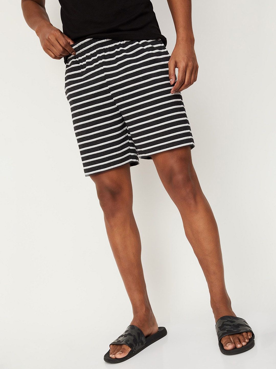 

max Men Grey & White Cotton Striped Lounge Shorts