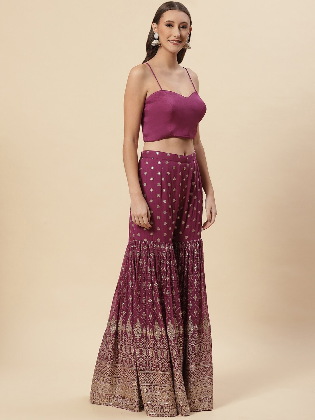 

Meena Bazaar Women Lavender Floral Embroidered Sequinned Top with Sharara & Dupatta