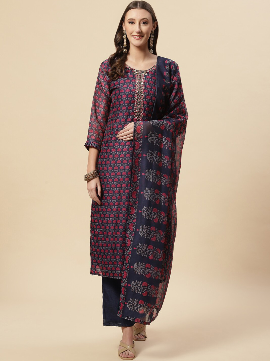 

Meena Bazaar Women Navy Blue Floral Printed Thread Work Kurta with Trousers & With Dupatta