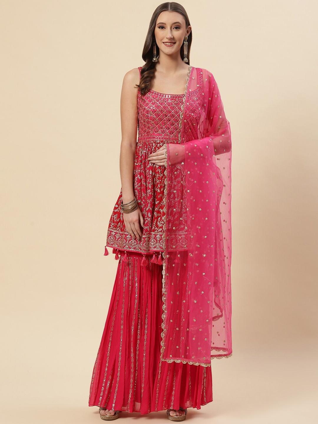 

Meena Bazaar Women Pink Floral Embroidered Kurti with Sharara & Dupatta