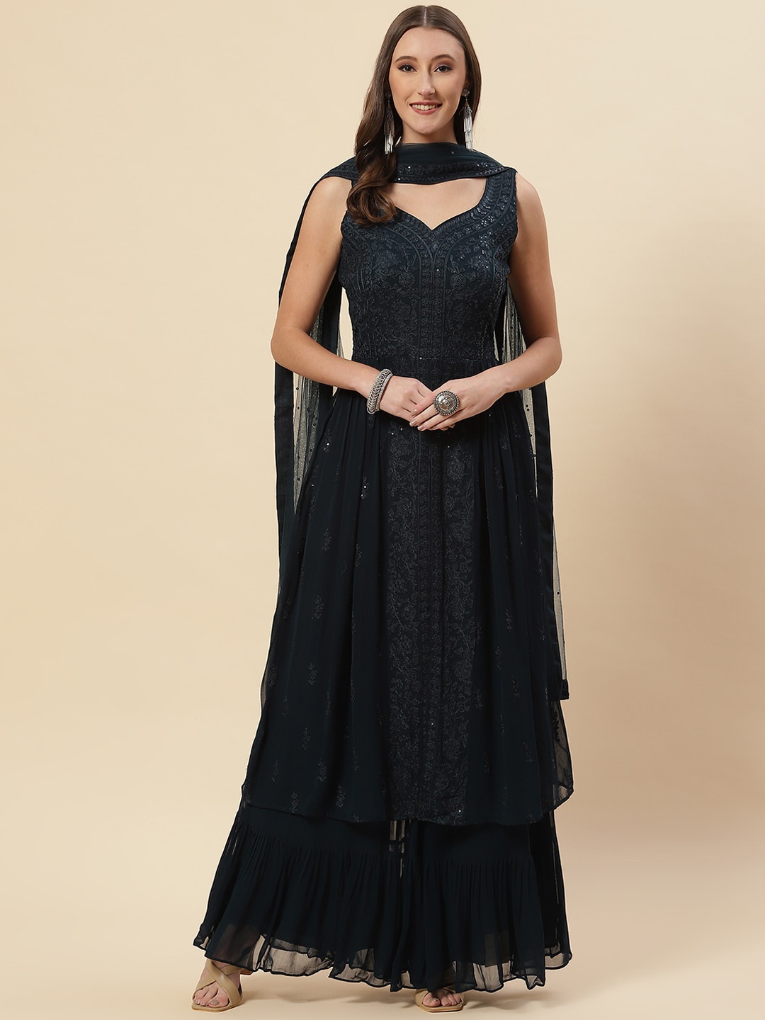 

Meena Bazaar Women Blue Floral Embroidered Pleated Kurta with Palazzos & Dupatta