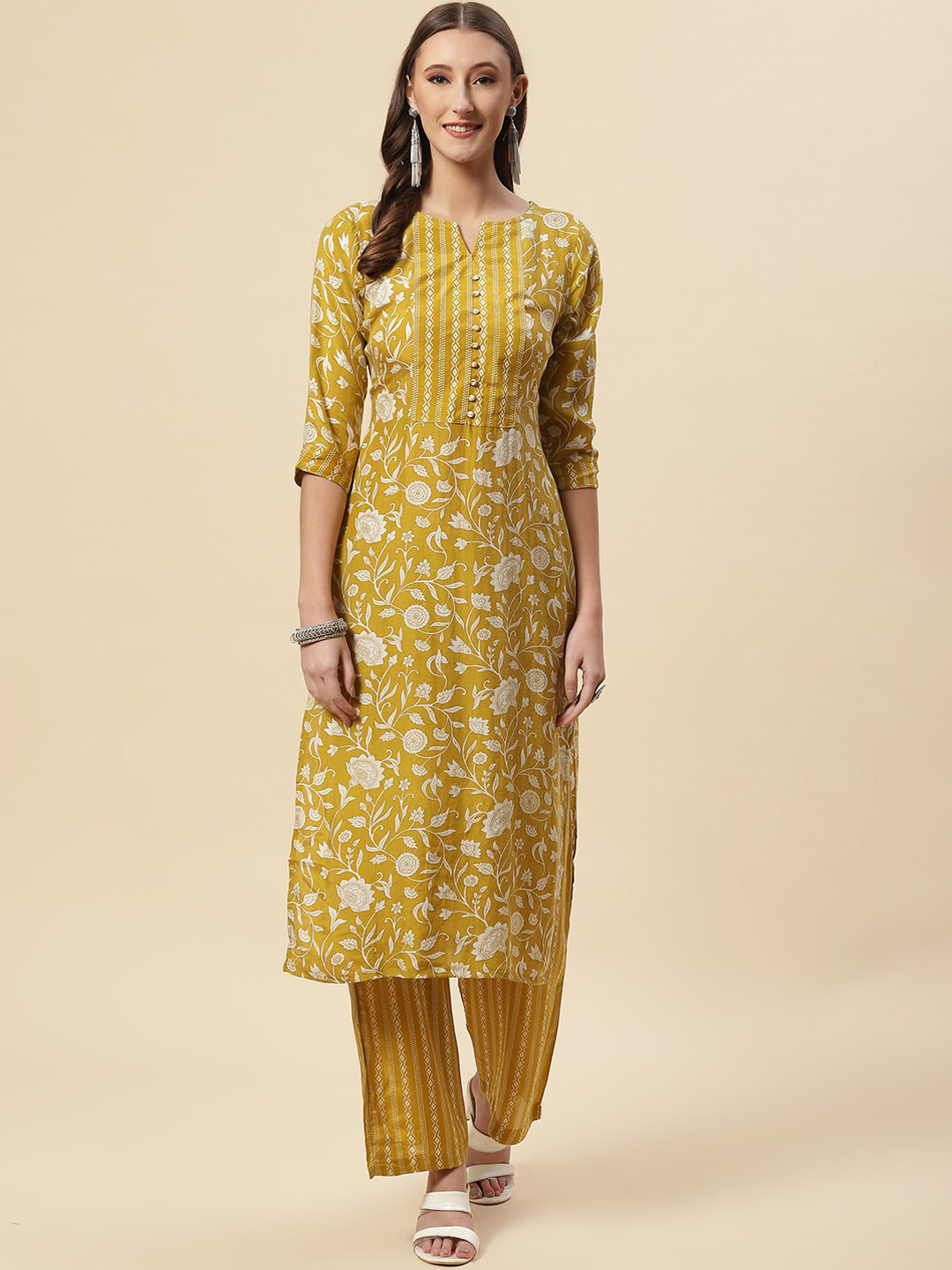 

Meena Bazaar Women Mustard Yellow Printed Kurta with Churidar