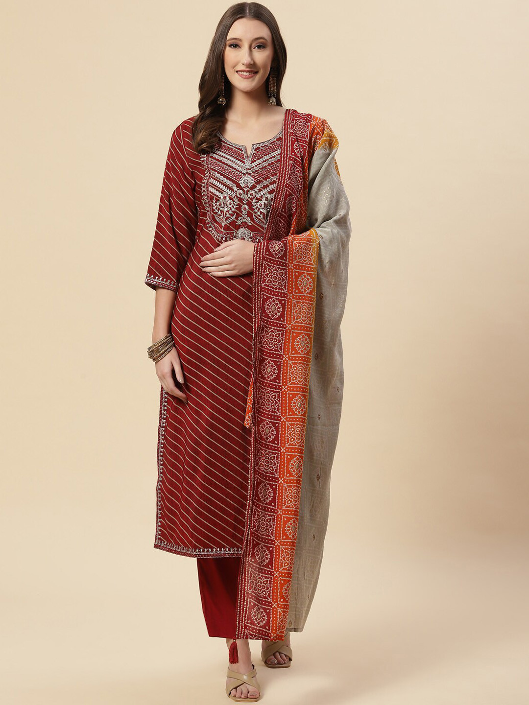 

Meena Bazaar Women Maroon Printed Thread Work Pure Cotton Kurta with Trousers & Dupatta