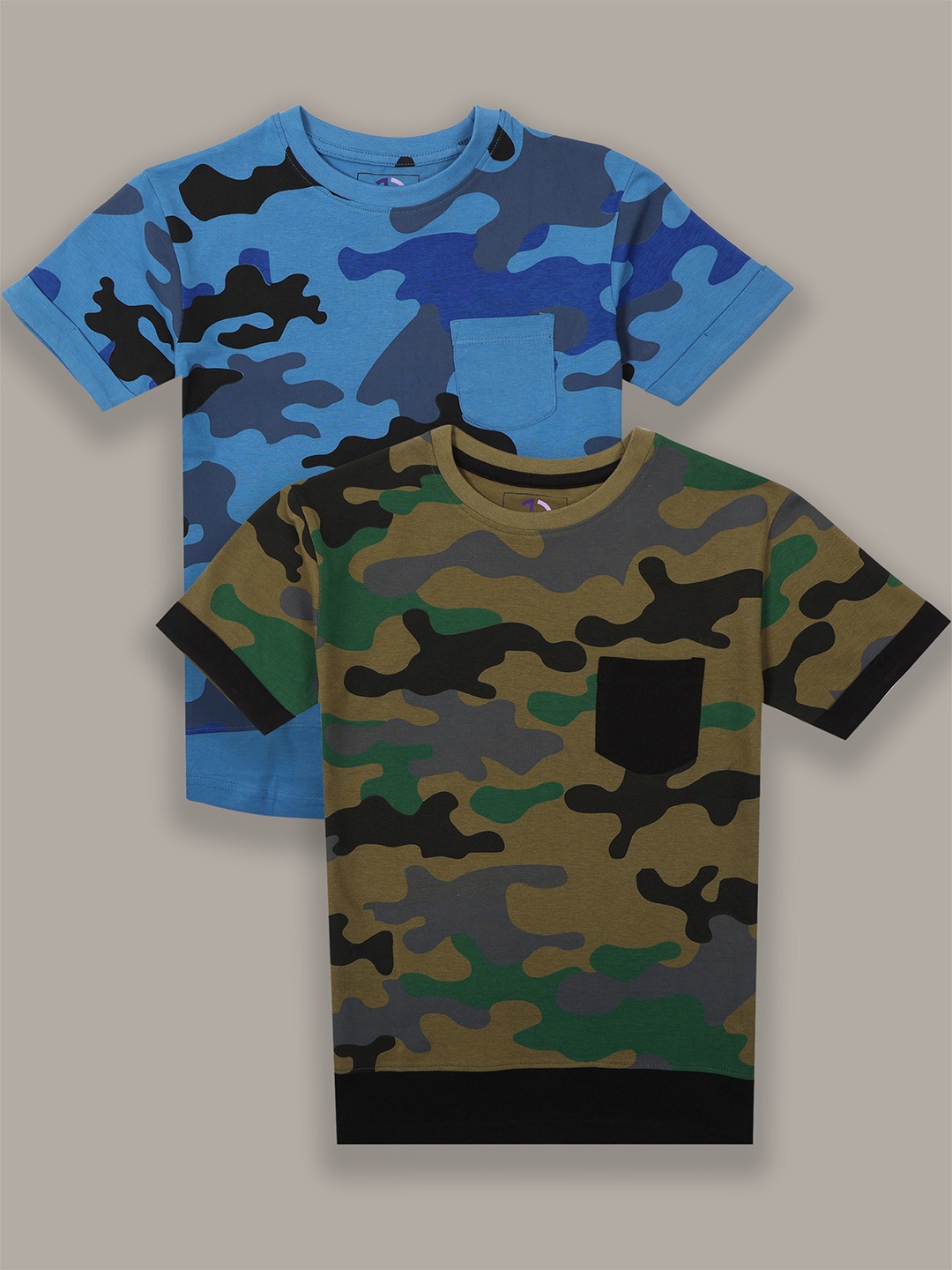 

Jumping Joey Boys Blue & Olive Green Camouflage Printed Pack of 2 Pure Cotton T-shirt