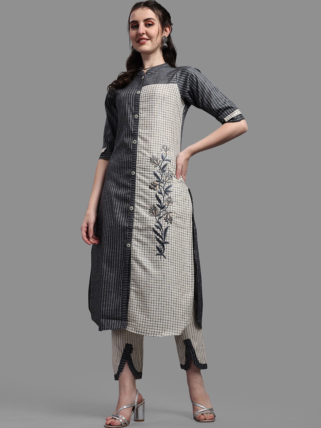 

Berrylicious Women Grey Striped Thread Work Pure Cotton Kurta with Trousers