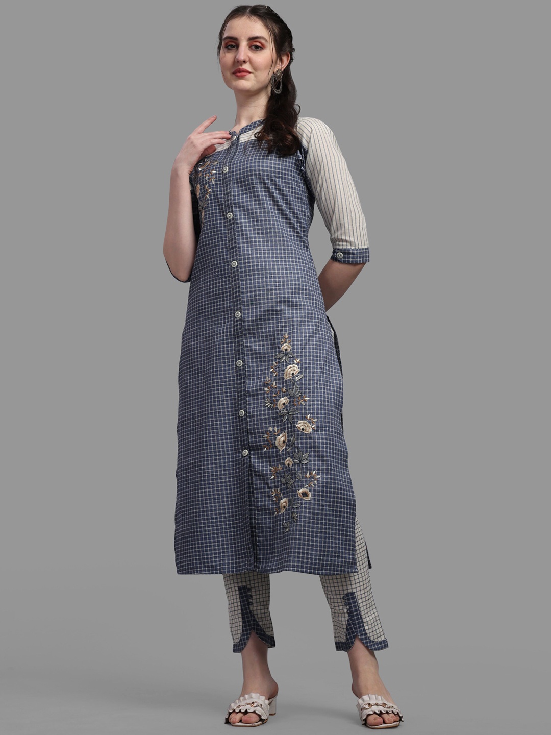 

Berrylicious Women Blue Thread Work Pure Cotton Kurta with Trousers