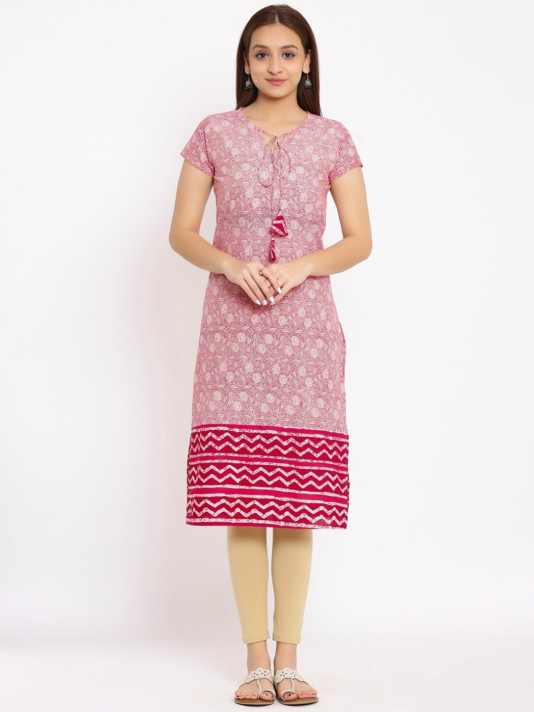 

Saart Bunaai Tie-Up Neck Ethnic Motifs Straight Fit Cotton Kurta, Pink