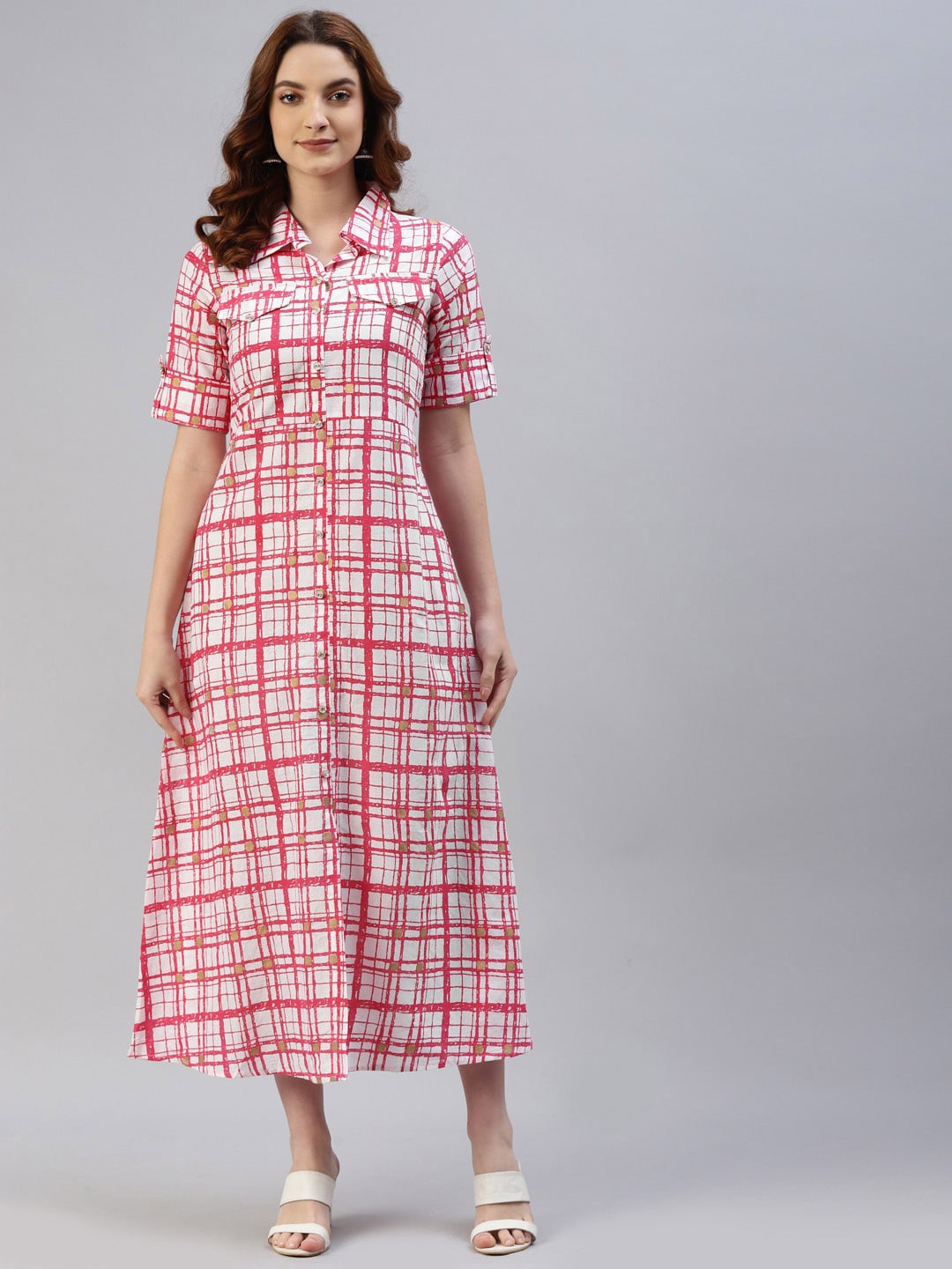 

Saart Bunaai Women Red & Off White Checked A-Line Maxi Cotton Dress