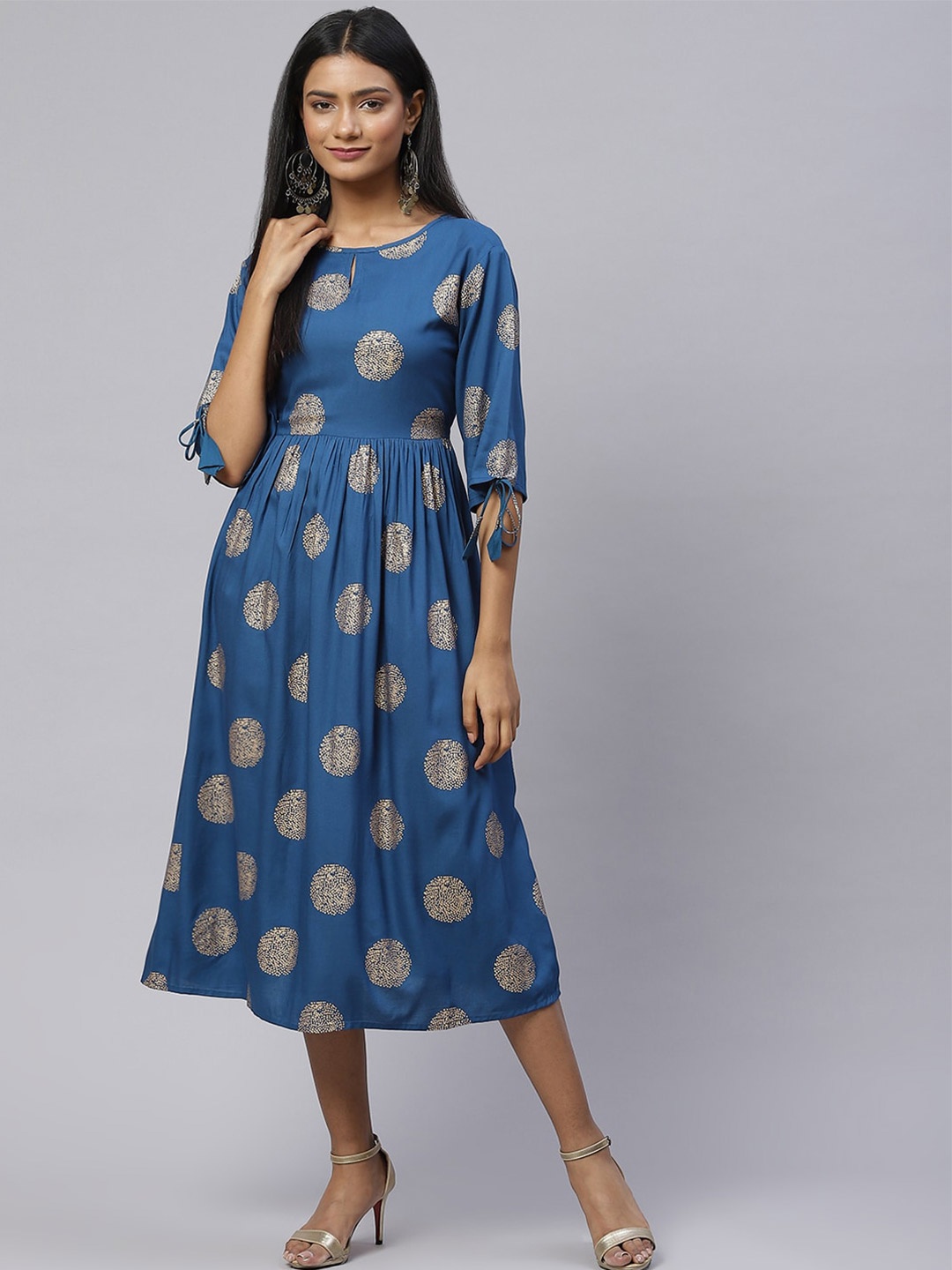 

Saart Bunaai Blue Ethnic Printed A-Line Cotton Dress
