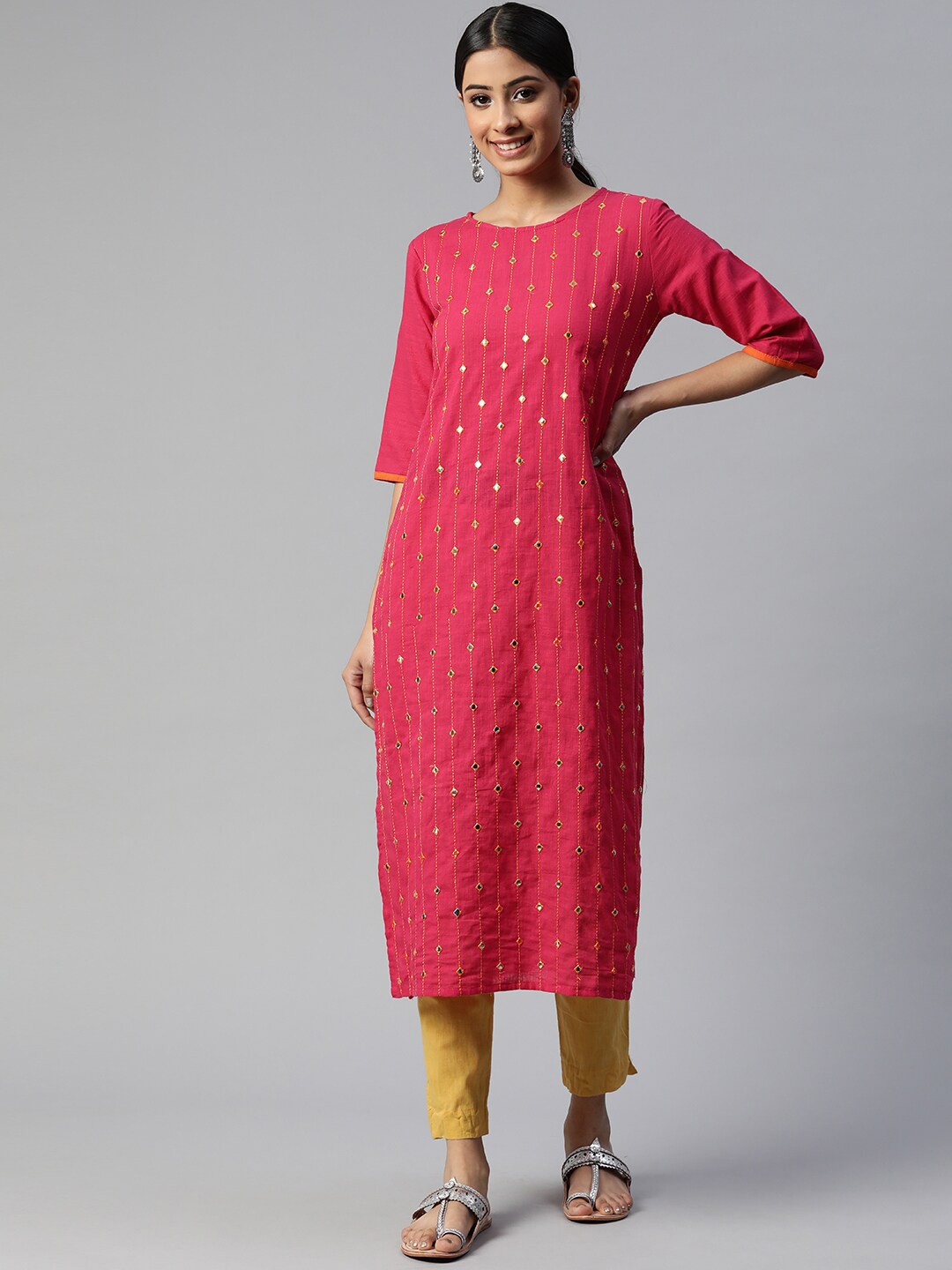 

Saart Bunaai Women Pink Striped Mirror Work Cotton Kurta