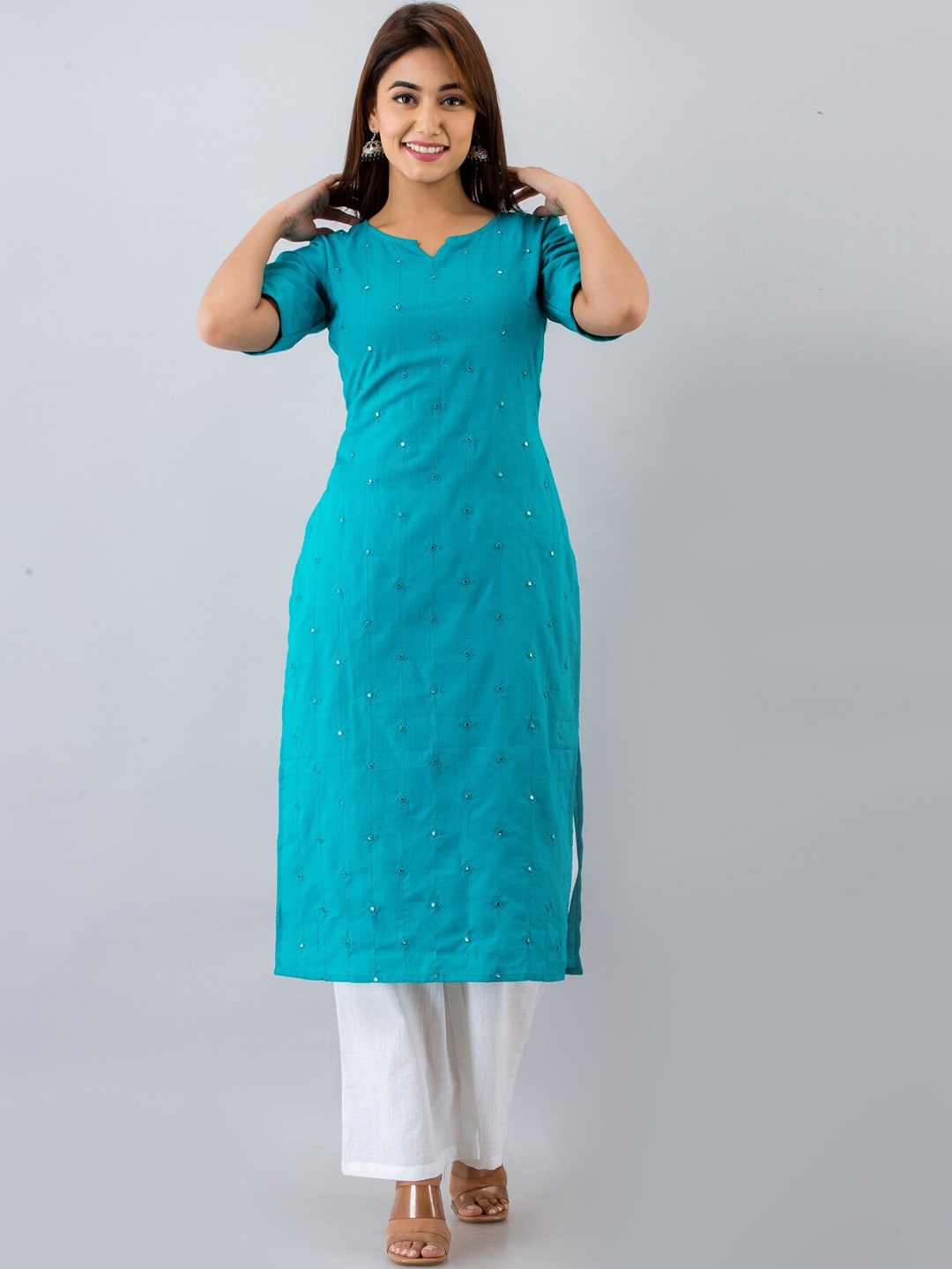 

Saart Bunaai Women Turquoise Blue Ethnic Motifs Thread Work Kurta