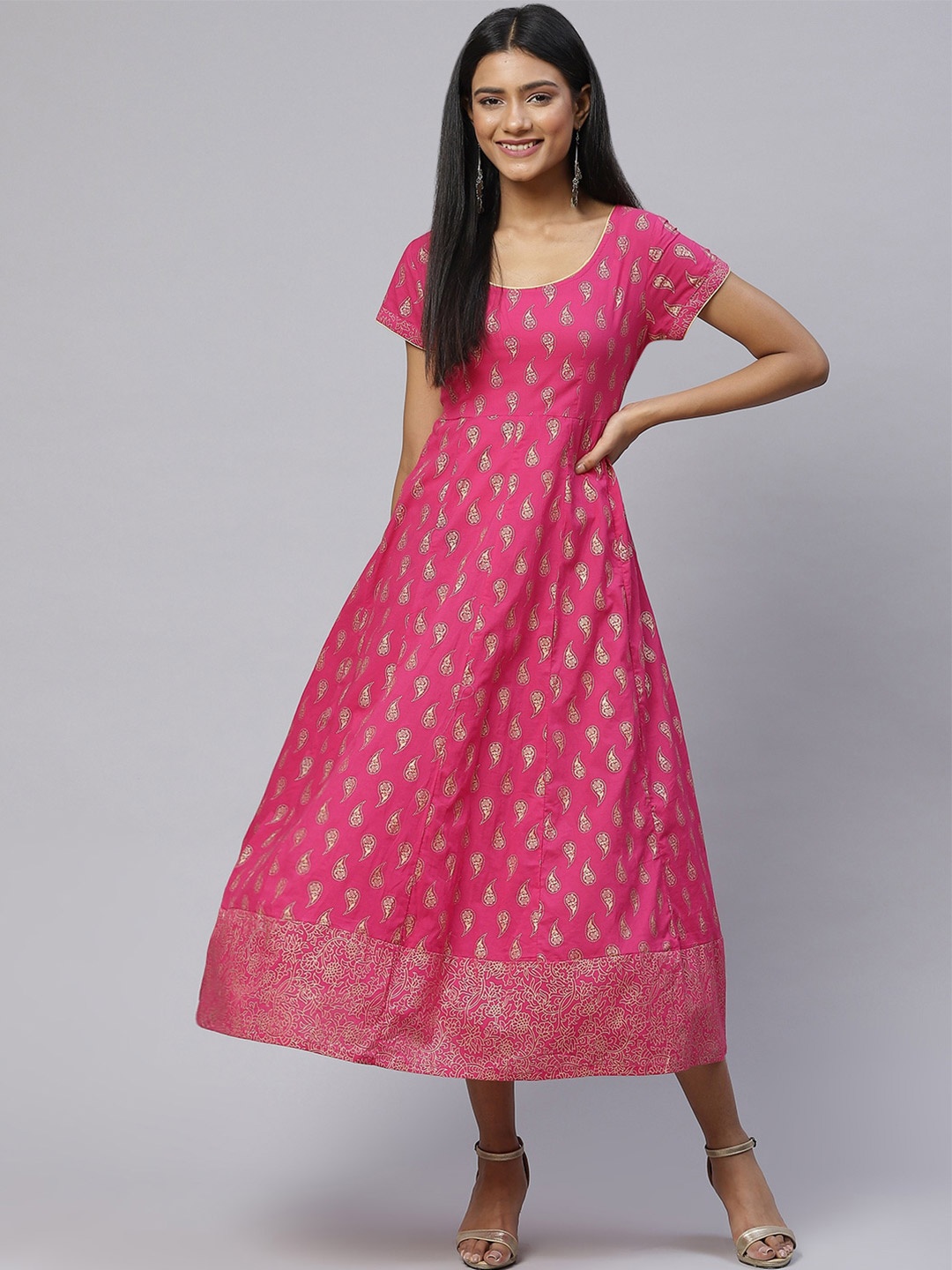 

Saart Bunaai Women Pink & Gold-Toned Ethnic Motifs Printed A-Line Maxi Cotton Dress