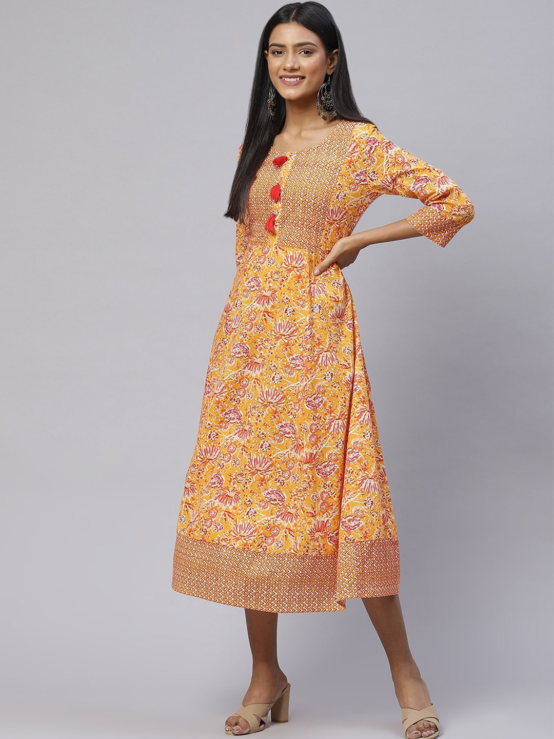 

Saart Bunaai Mustard Yellow Floral Printed A-Line Cotton Ethnic Dress