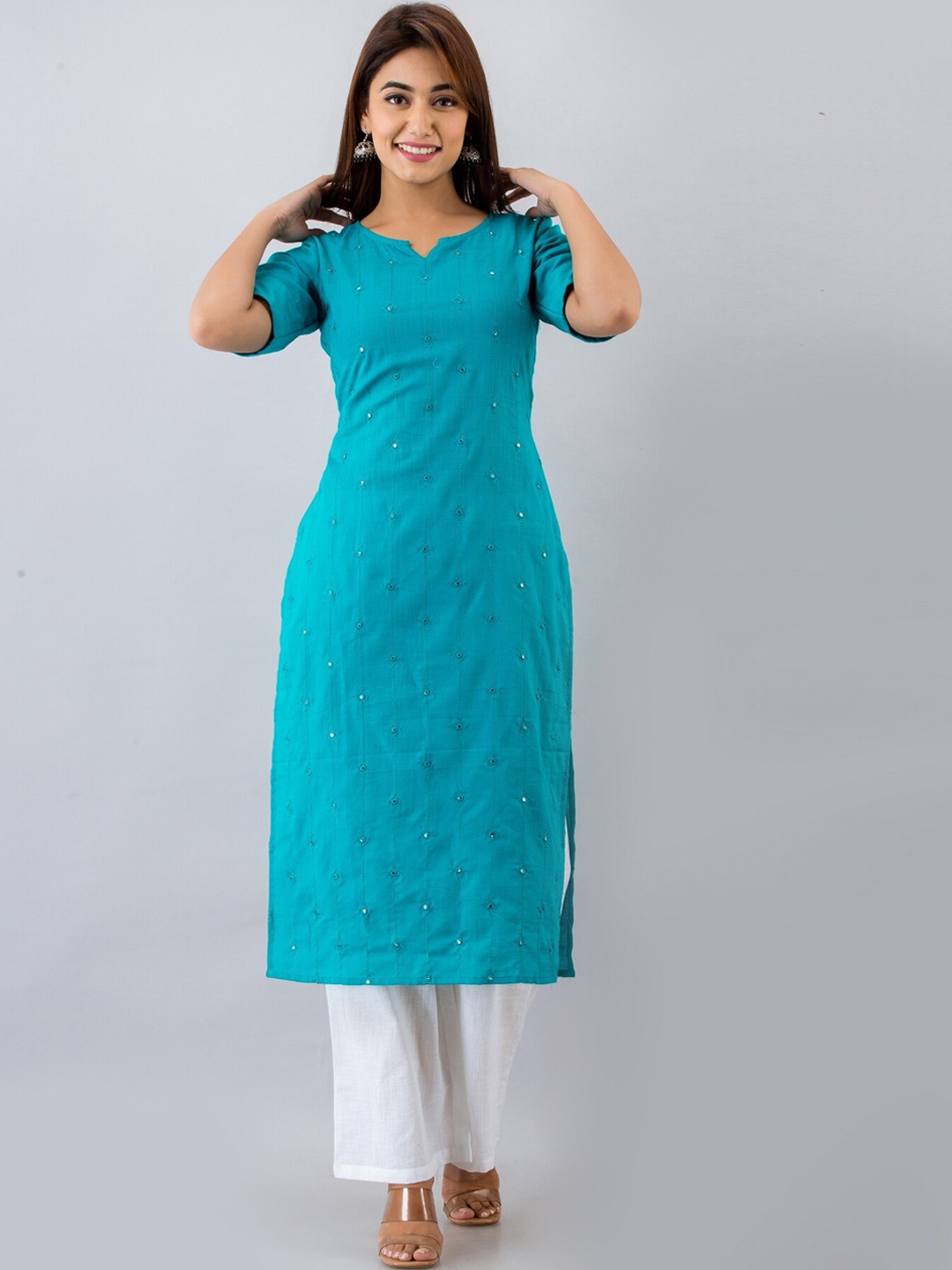 

Saart Bunaai Women Turquoise Blue Embroidered Mirror Work Kurta with Palazzos