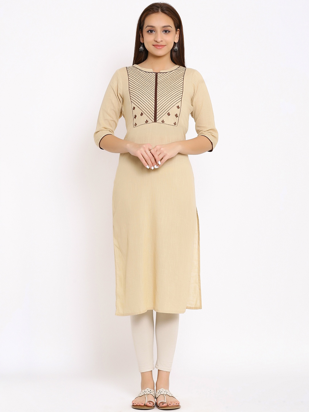 

Saart Bunaai Ethnic Motifs Yoke Design Thread Work Regular Cotton Kurta, Beige