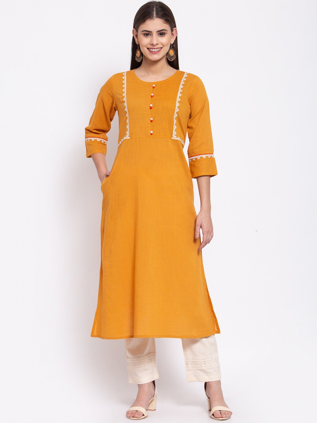 

Saart Bunaai Round Neck Straight Fit Cotton Kurta, Mustard