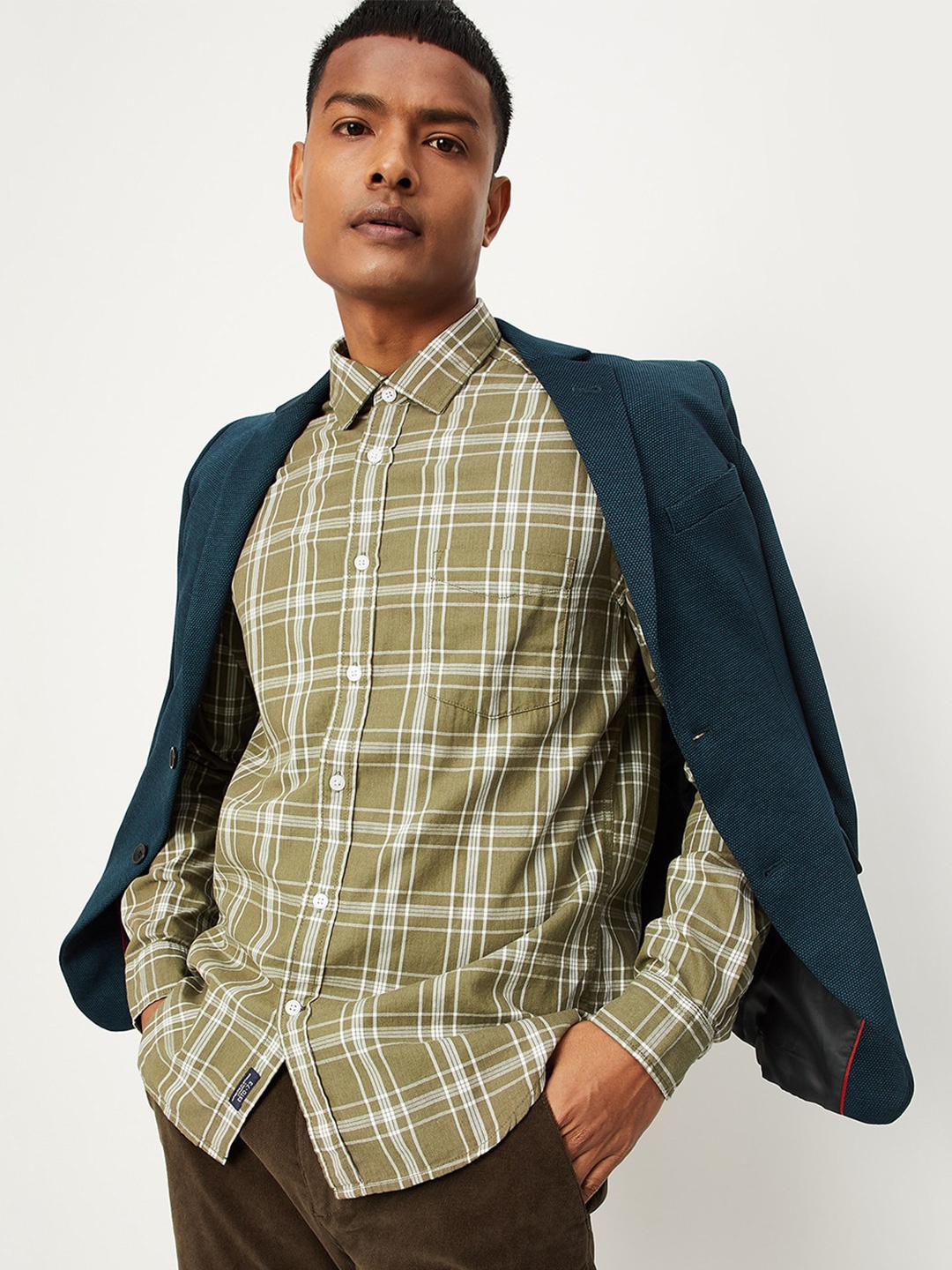

max Men Tartan Checks Pure Cotton Casual Shirt, Green