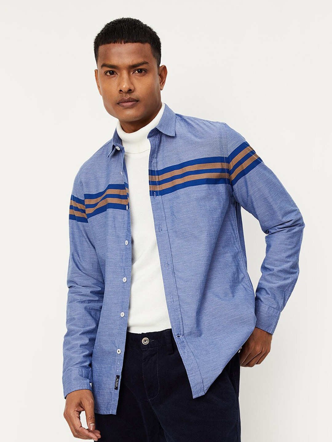 

max Men Horizontal Stripes Pure Cotton Casual Shirt, Blue