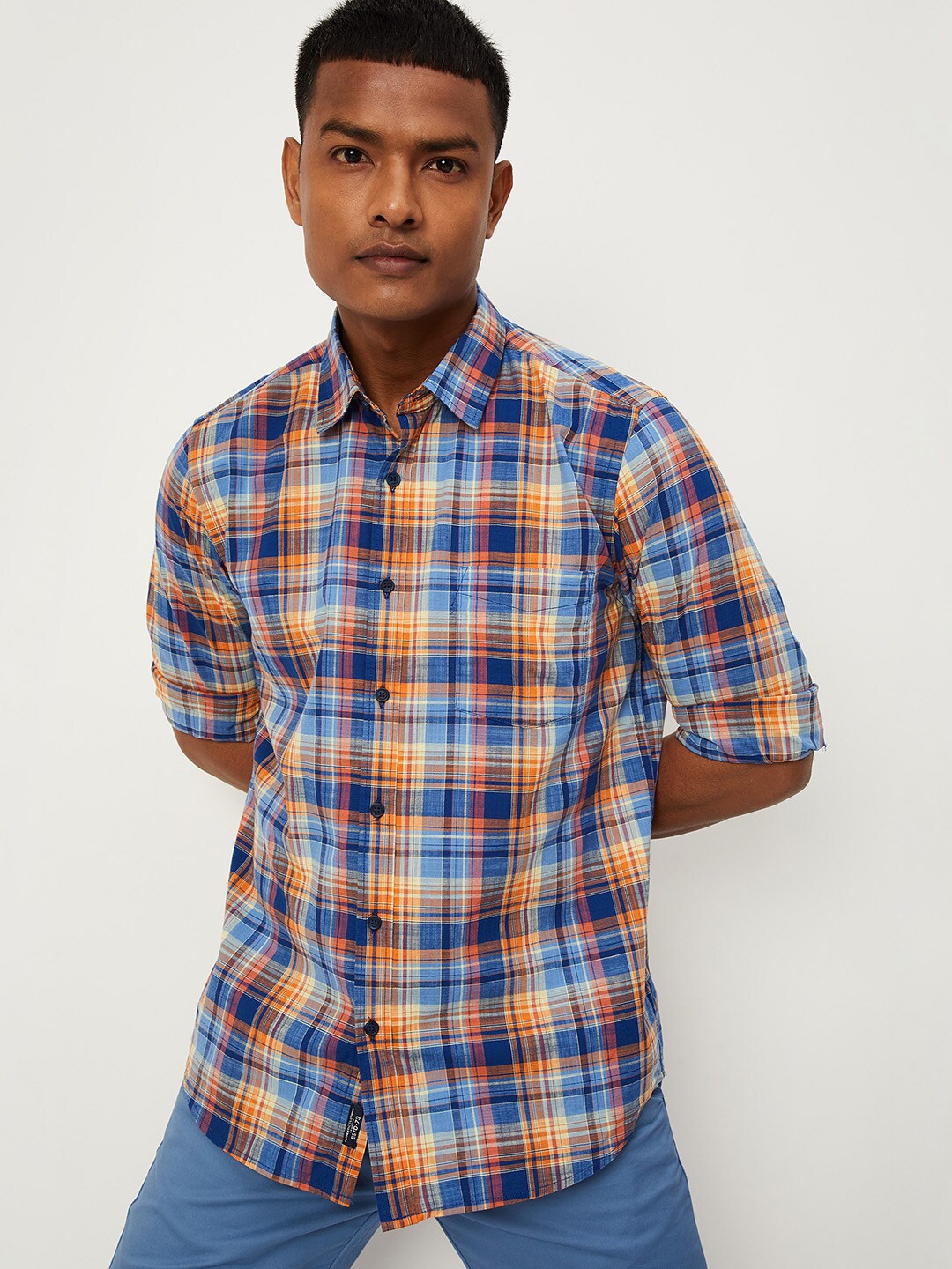 

max Men Tartan Checks Pure Cotton Casual Shirt, Coral