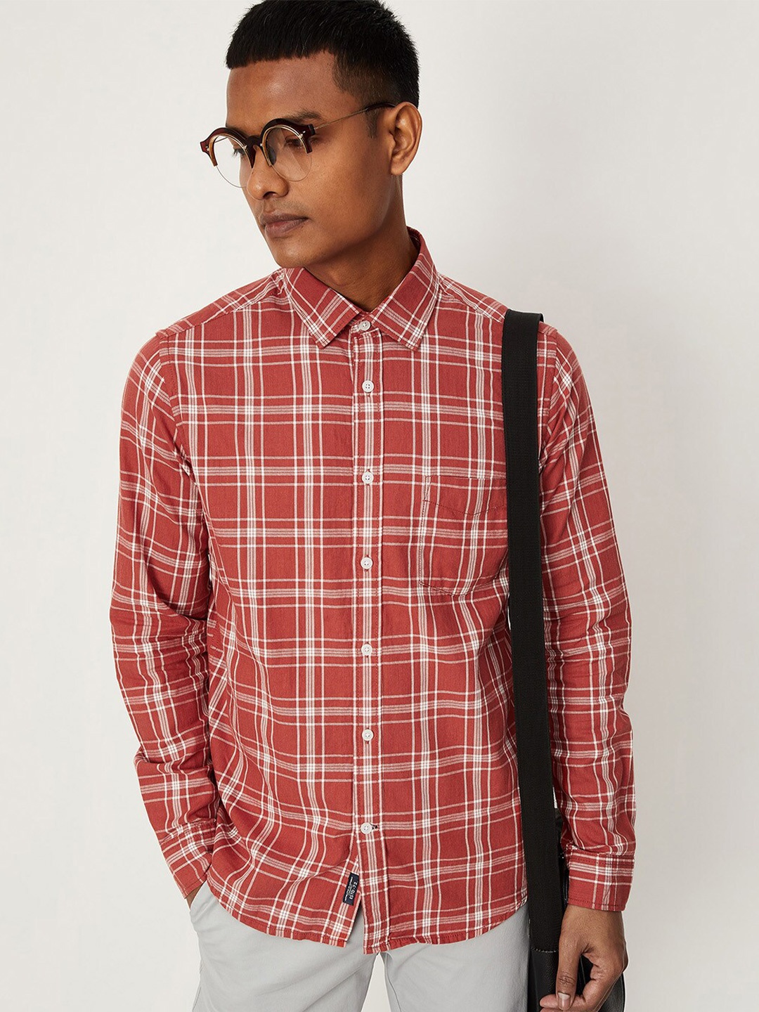 

max Men Coral Tartan Checks Pure Cotton Casual Shirt