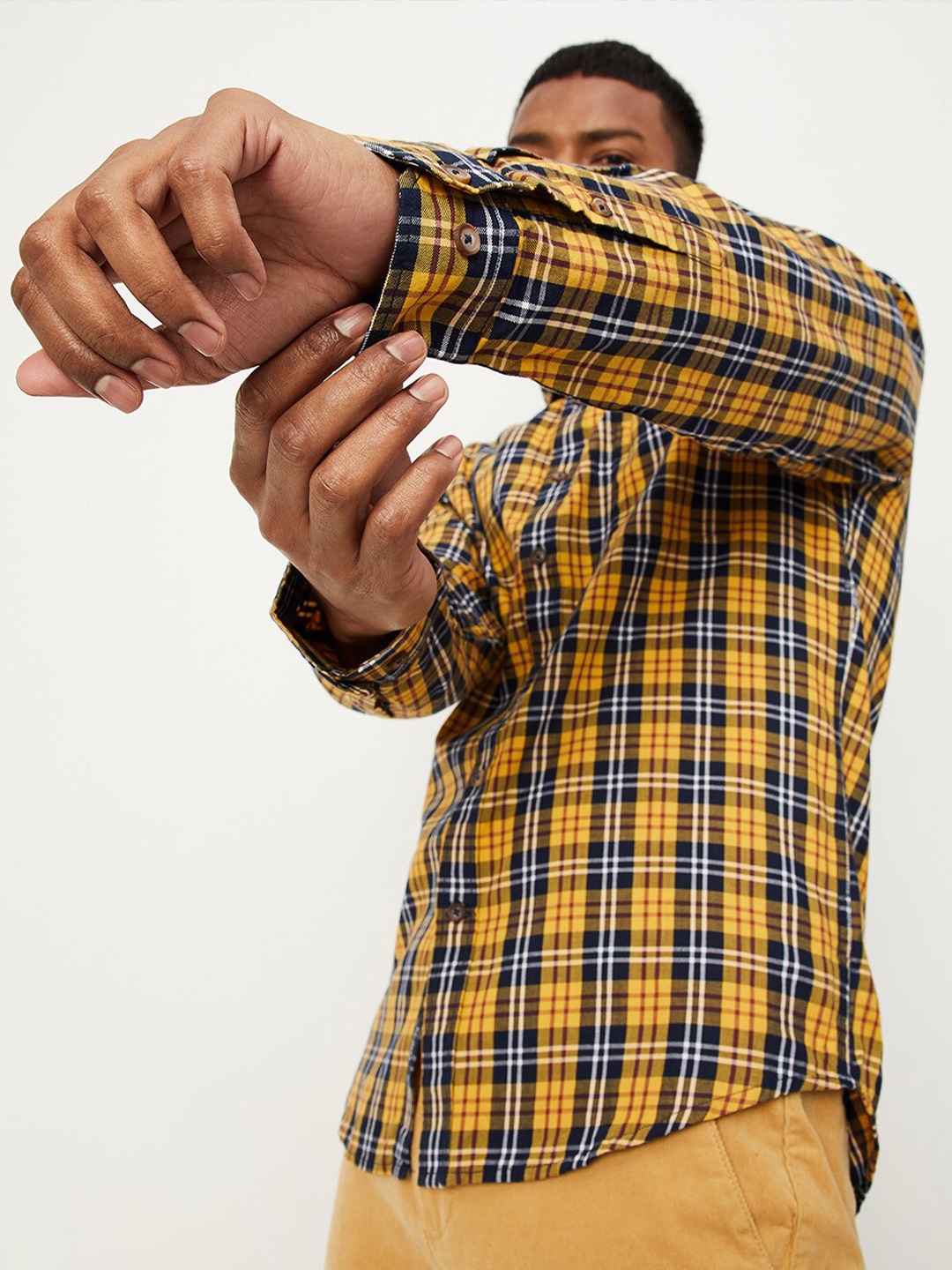 

max Men Tartan Checks Pure Cotton Casual Shirt, Yellow