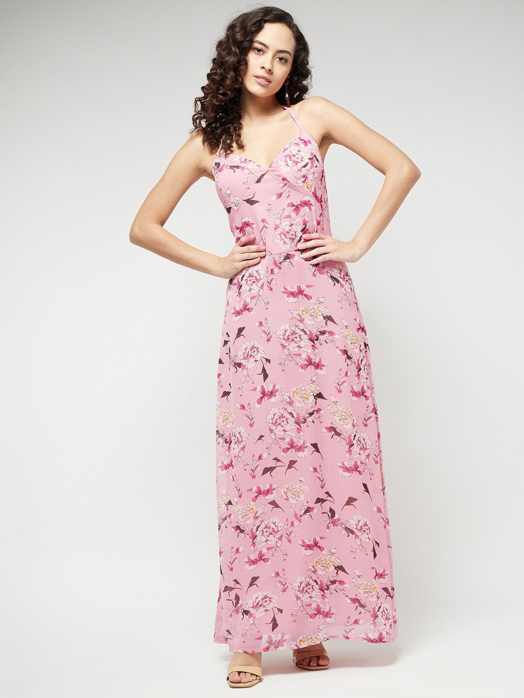 

MAGRE Pink Floral Tie-Up Neck Georgette Maxi Dress