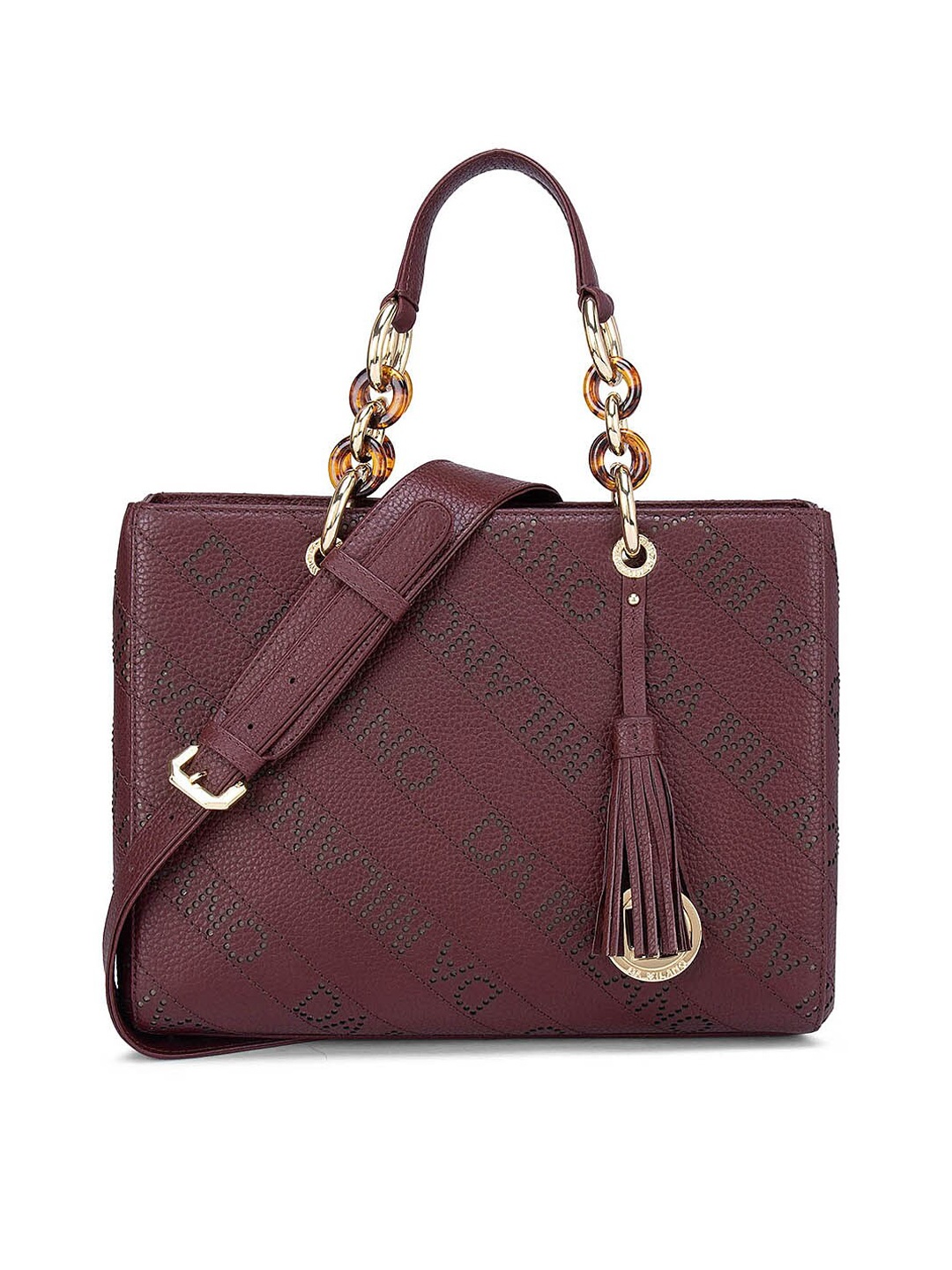 

Da Milano Maroon Printed Leather Oversized Structured Handheld Bag with Tasselled