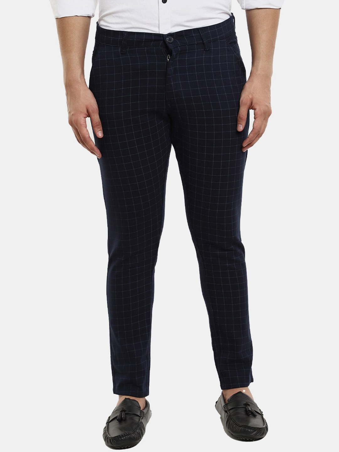 

V-Mart Men Navy Blue Checked Classic Slim Fit Cotton Chinos Trousers