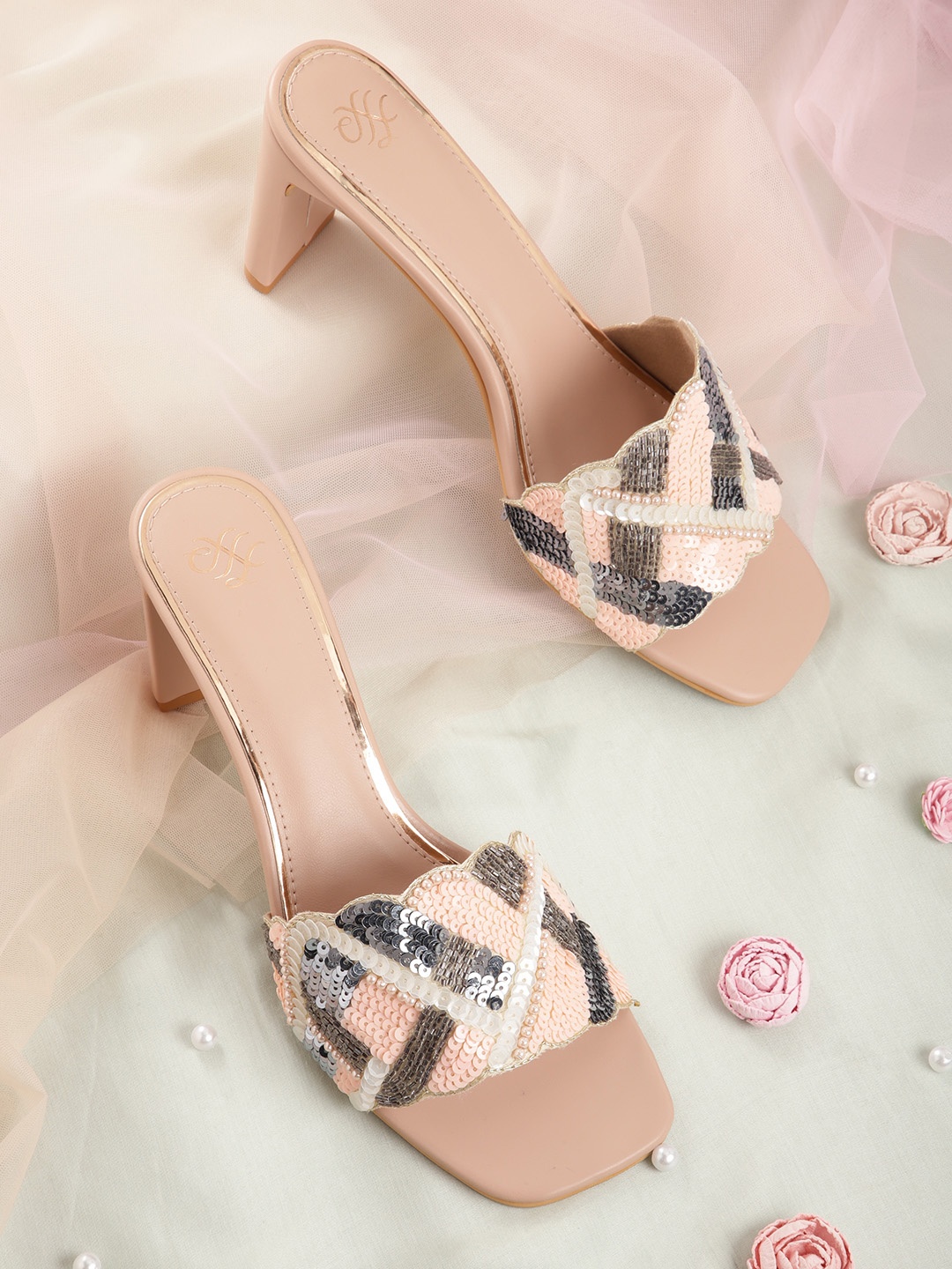 

House of Pataudi Embellished Handcrafted Party Block Heels, Pink