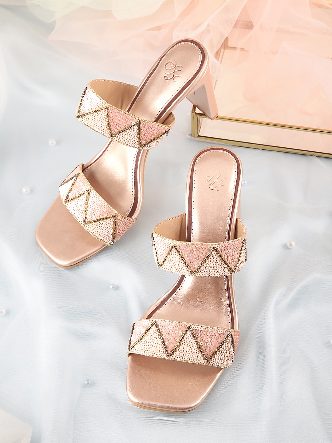 

House of Pataudi Women Sequinned Embellished Ethnic Block Heels, Rose gold