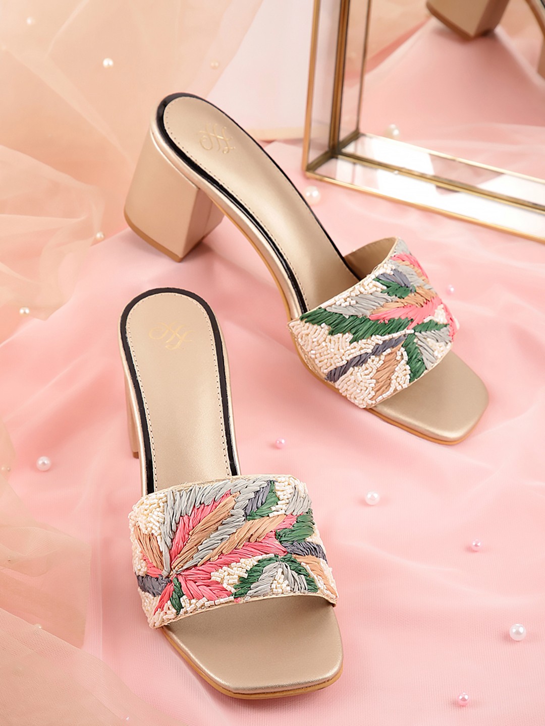 

House of Pataudi Women Woven Design Ethnic Block Heels with Embellished Detail, Multi