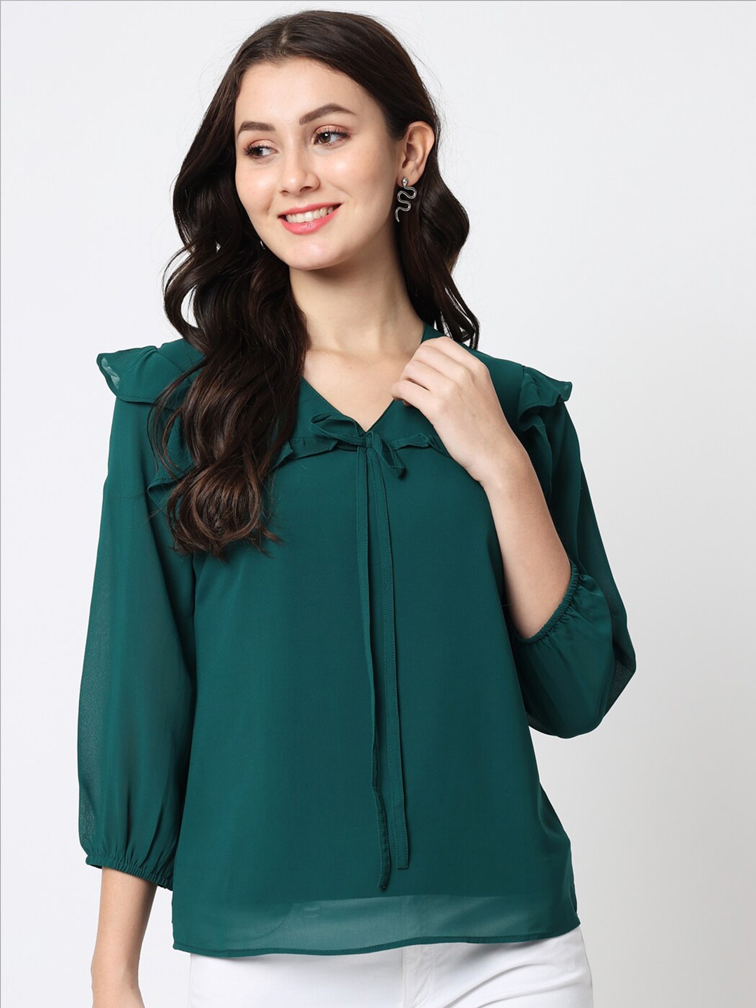 

CHARMGAL Green Crepe V-Neck Top