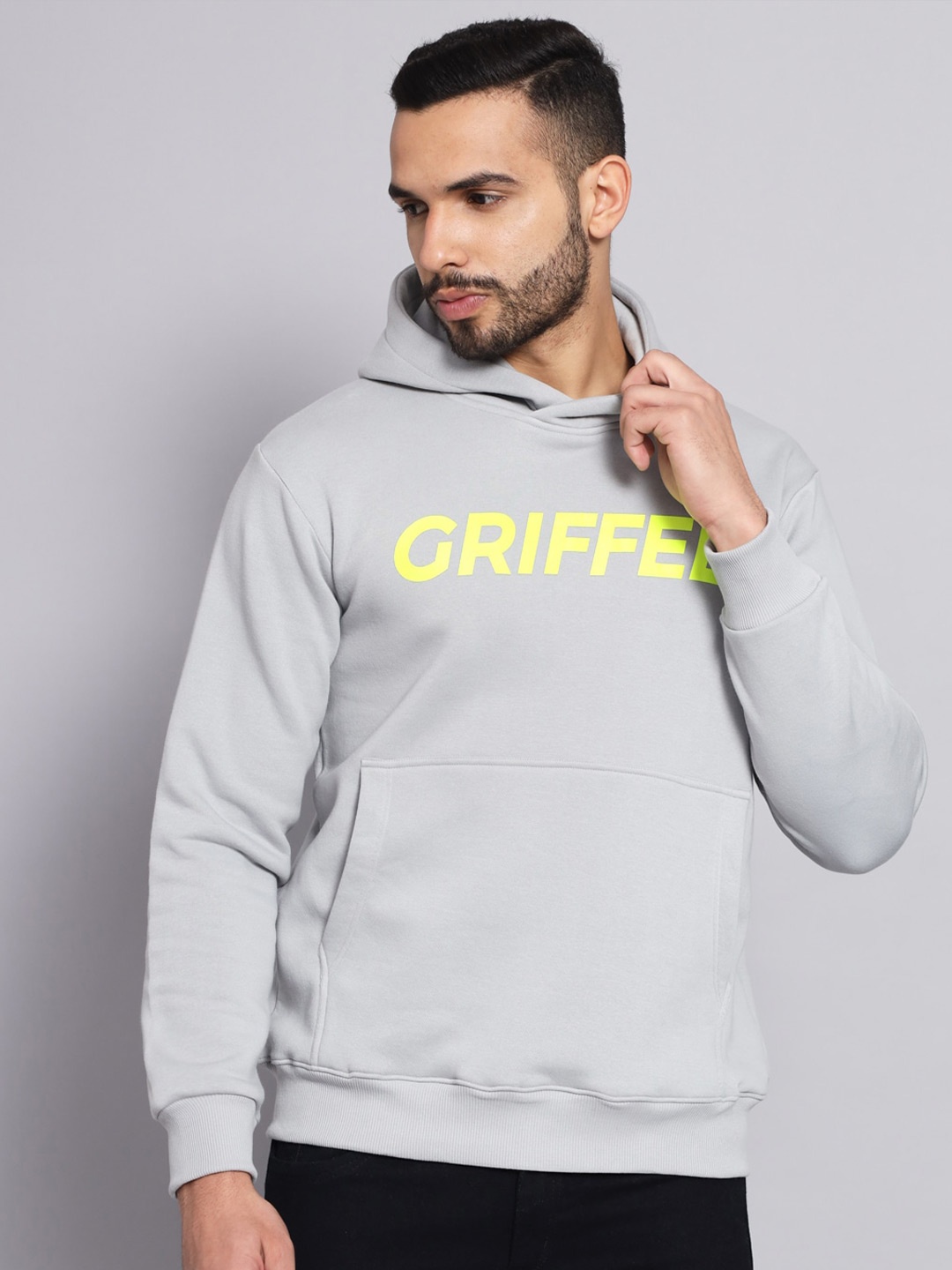 

GRIFFEL Men Steel Grey Printed Hooded Sweatshirt