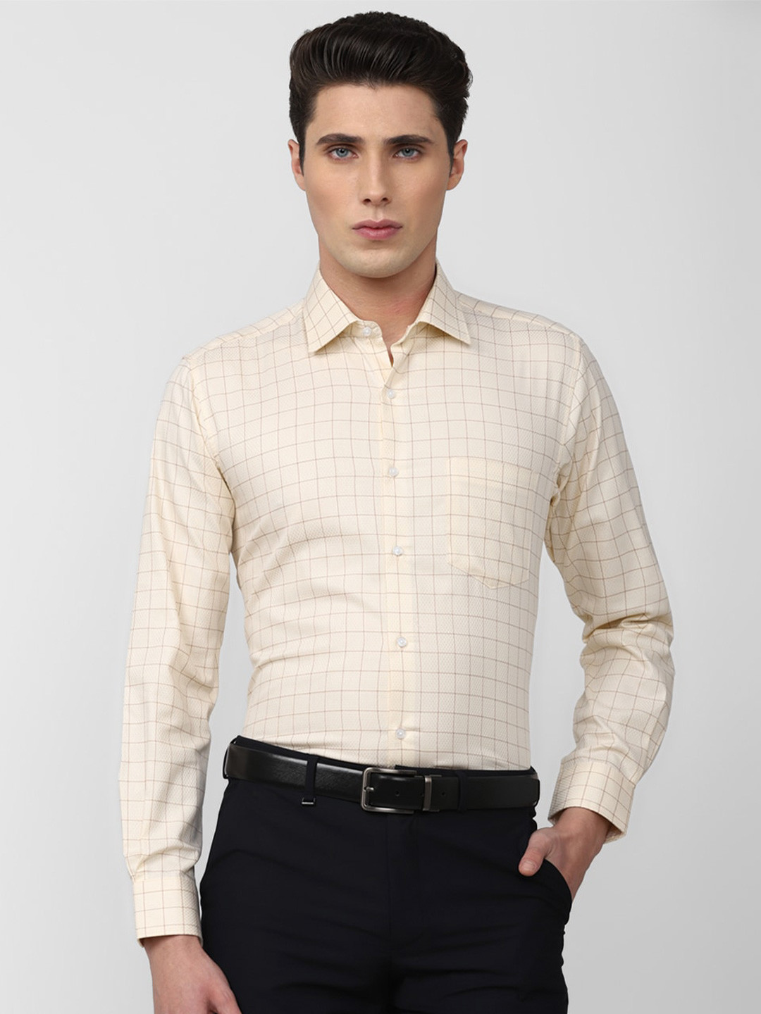 

Van Heusen Men Grid Tattersall Checks Pure Cotton Formal Shirt, Cream