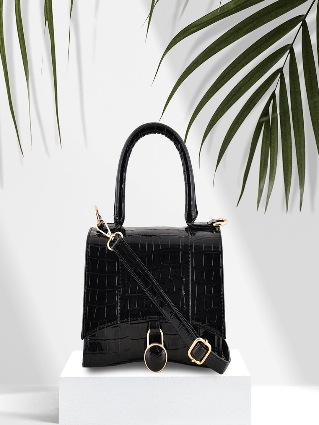 

Lychee bags Women Black Animal Textured PU Structured Handheld Bag