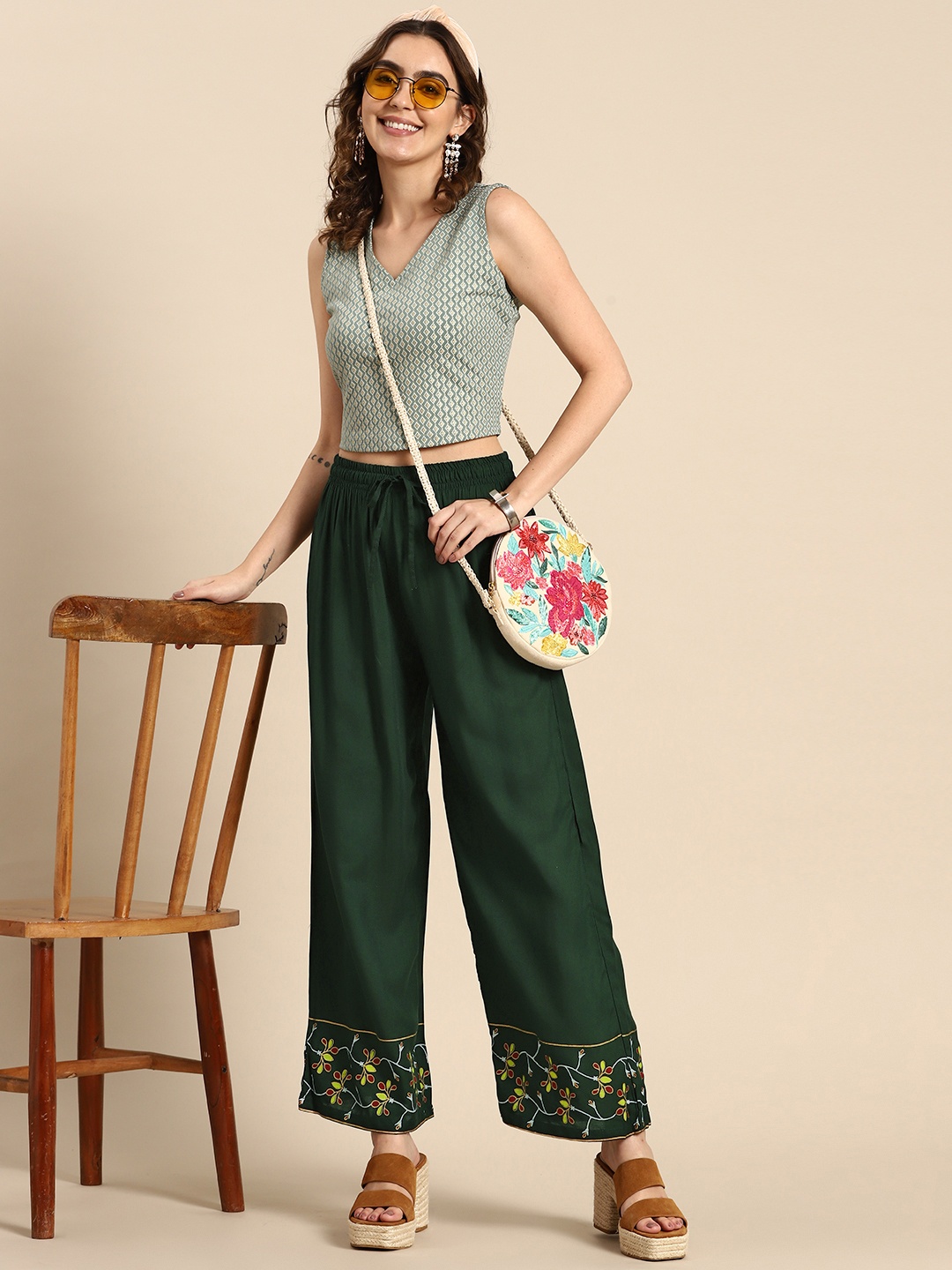 

Sangria Women Green Ethnic Motifs Hem Design Ethnic Palazzos