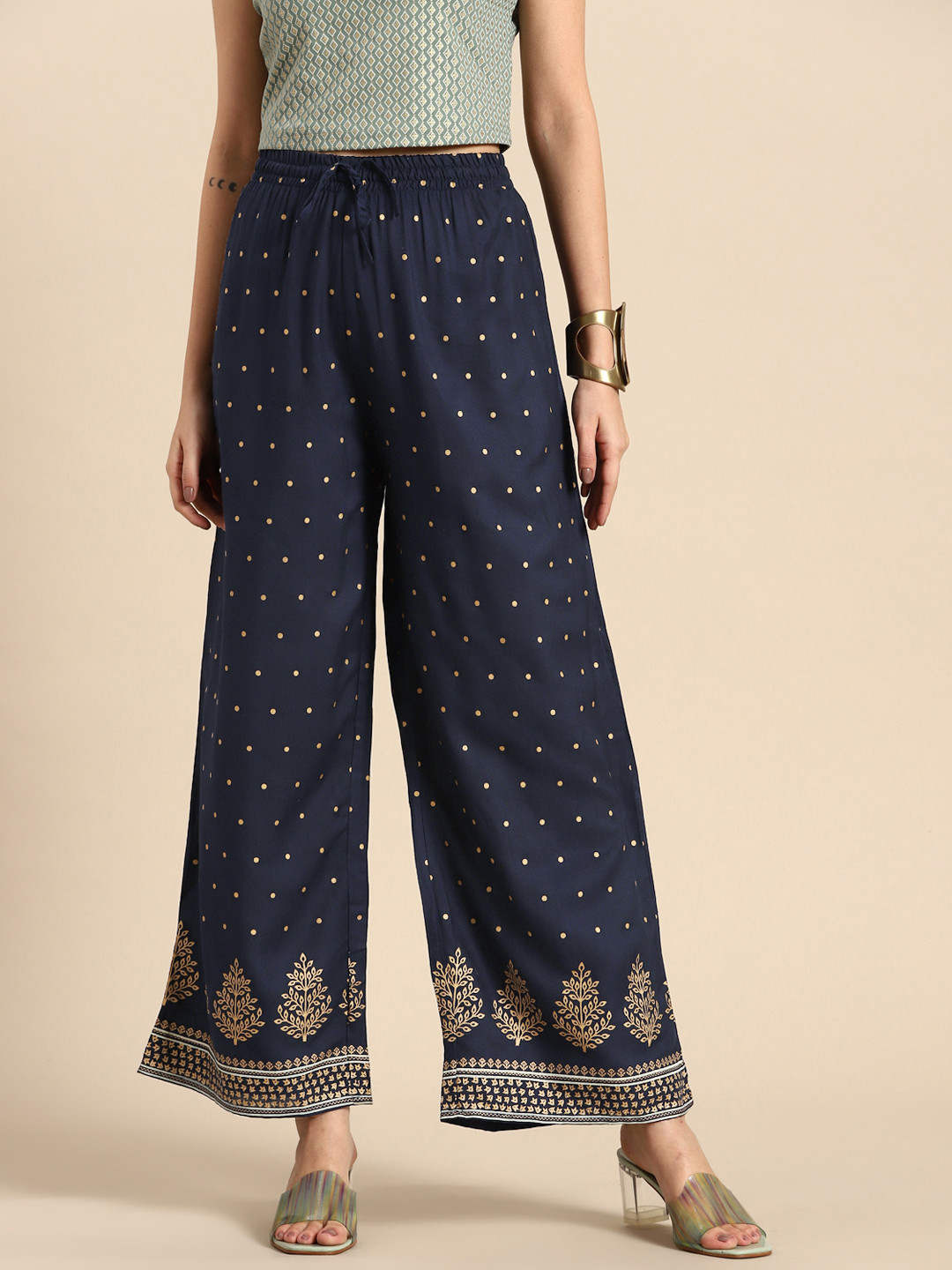 

Sangria Women Navy Blue Ethnic Motifs Printed Ethnic Palazzos