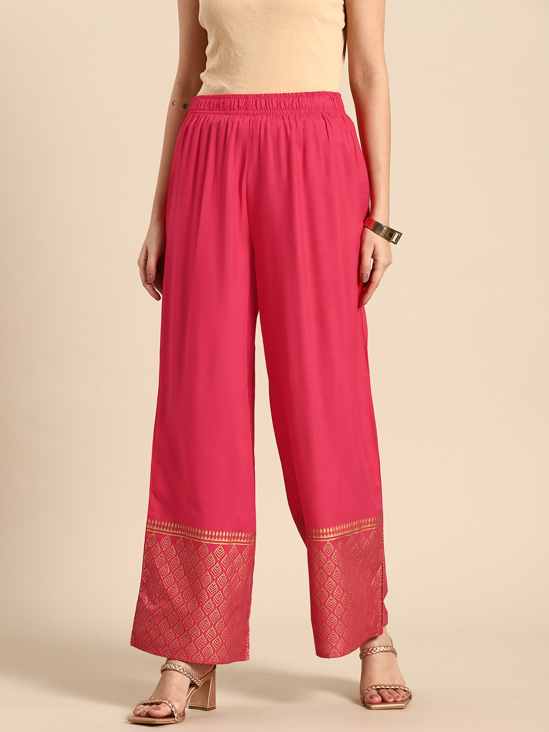 Sangria Women Ethnic Motifs Hem Design Ethnic Palazzos, Coral