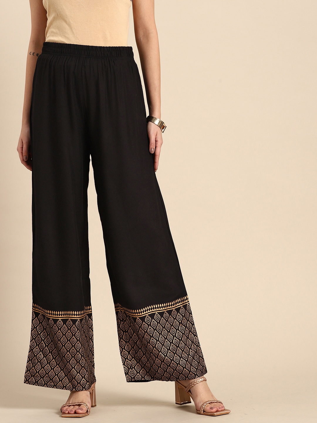 

Sangria Women Ethnic Motifs Hem Design Ethnic Palazzos, Black