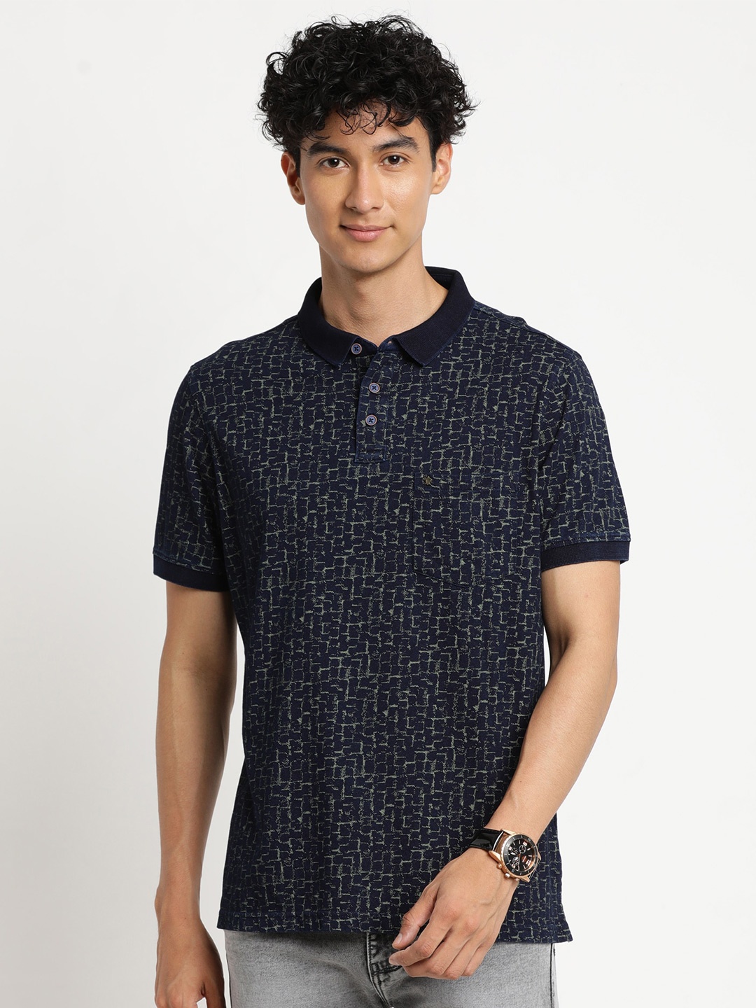 

Turtle Men Navy Blue Printed Cotton Polo Collar Slim Fit T-shirt