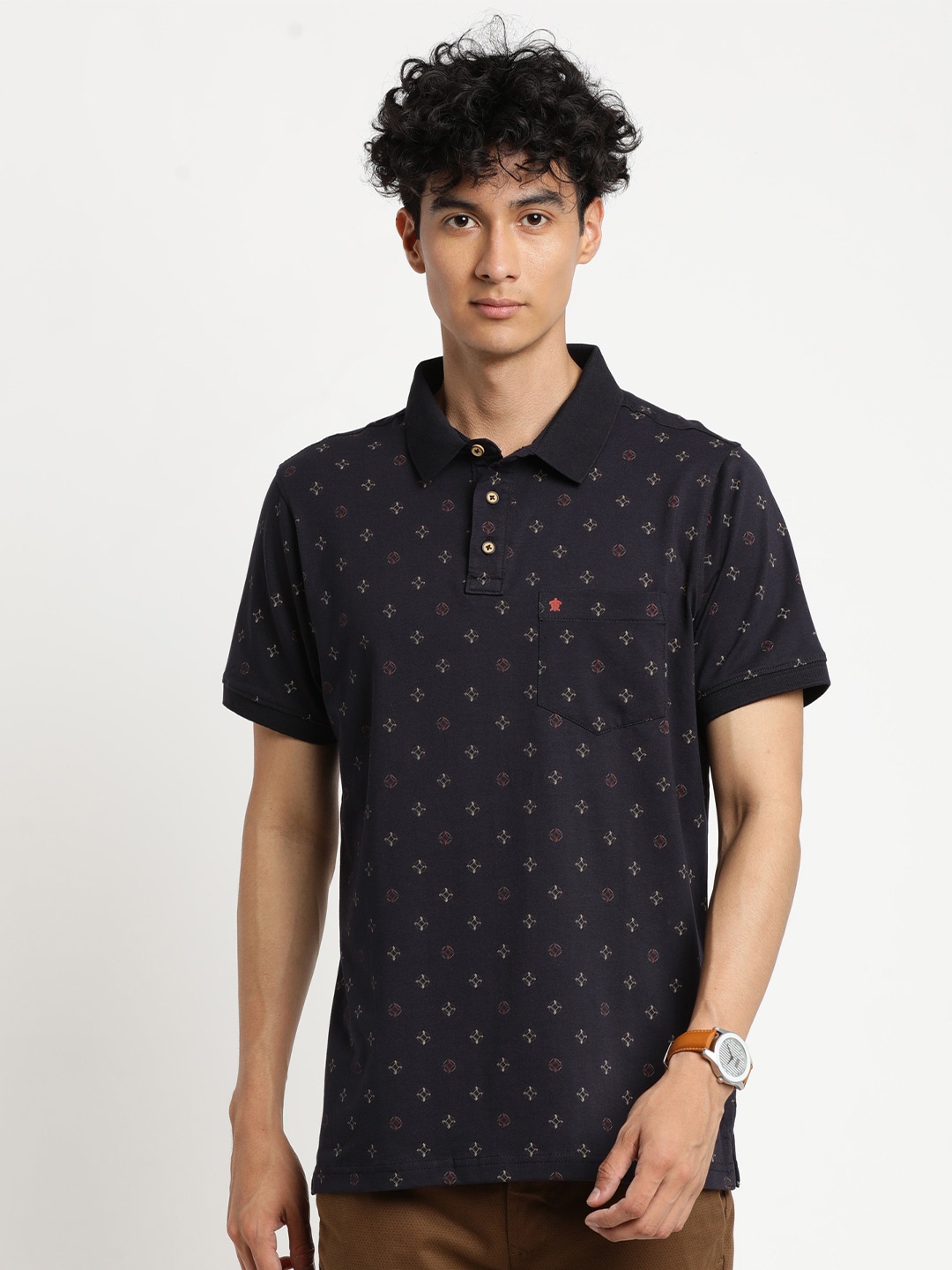 

Turtle Men Navy Blue Printed Cotton Polo Collar Slim Fit T-shirt