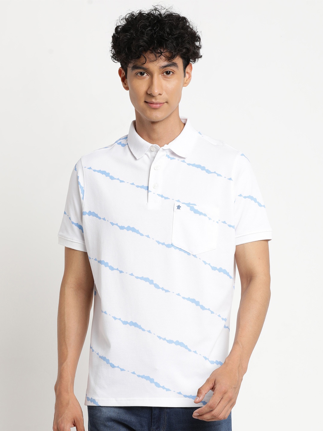 

Turtle Men White Striped Cotton Polo Collar Slim Fit T-shirt