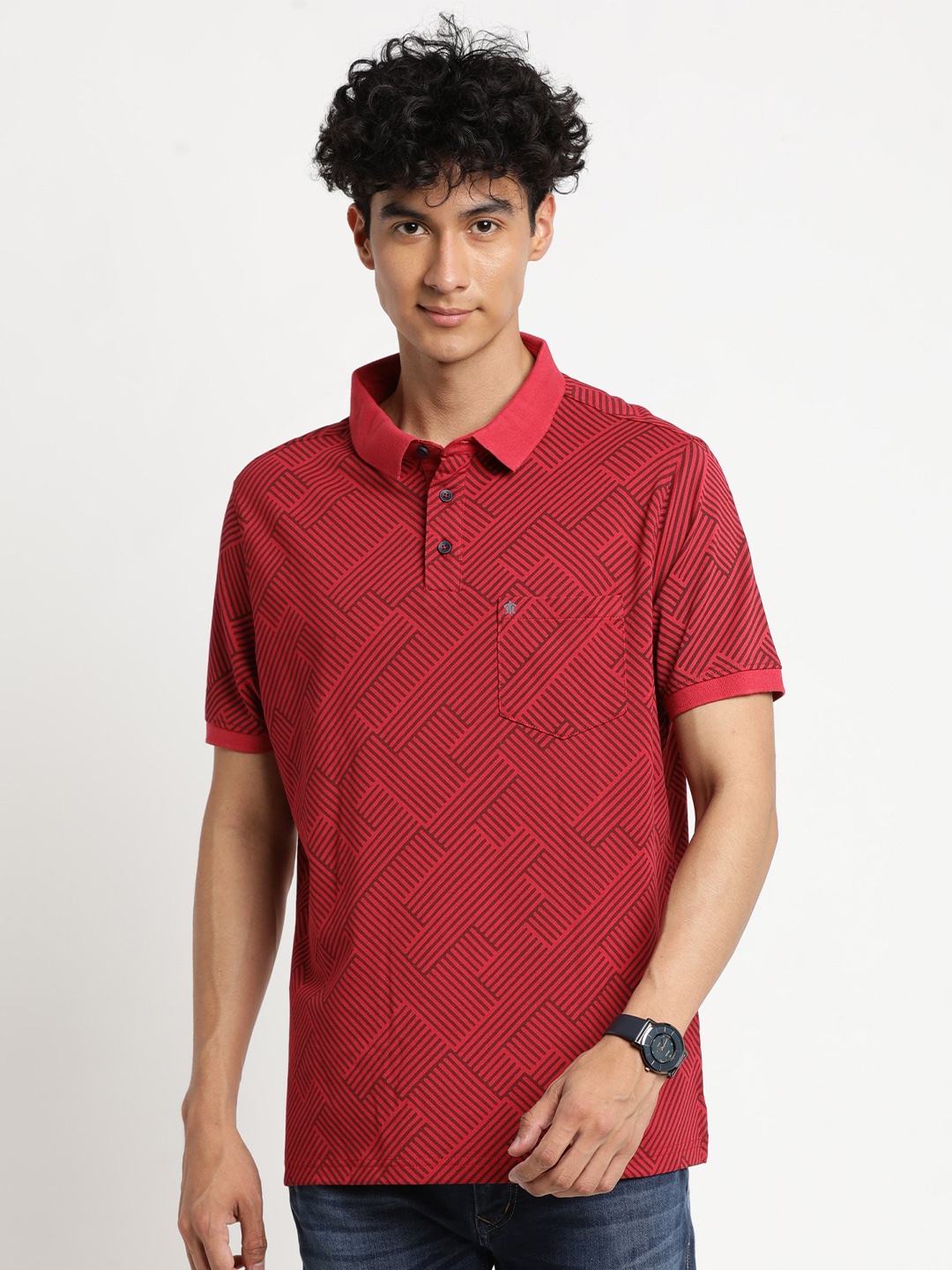 

Turtle Men Red Printed Cotton Polo Collar Slim Fit T-shirt