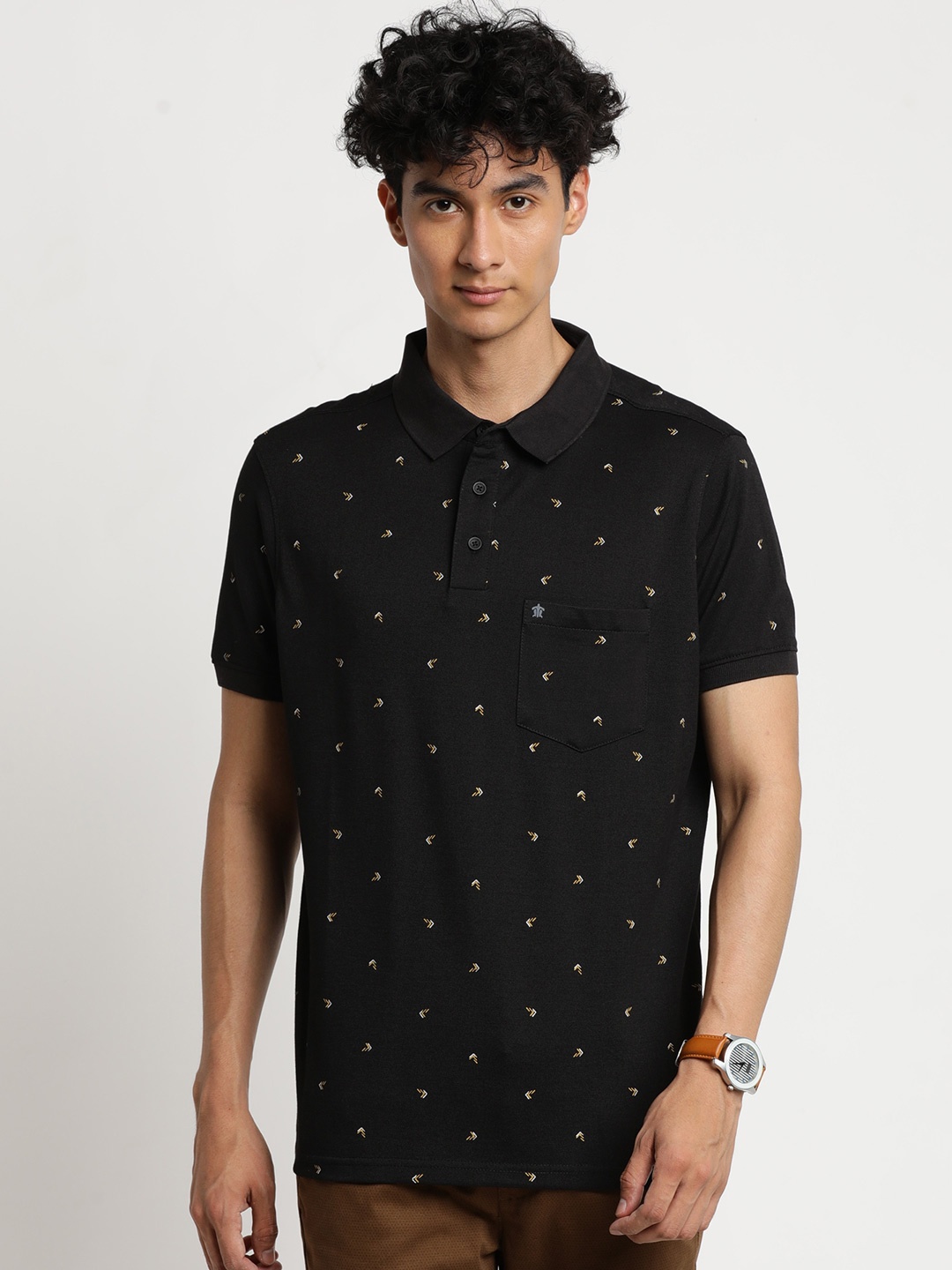 

Turtle Men Black Printed Cotton Polo Collar Slim Fit T-shirt